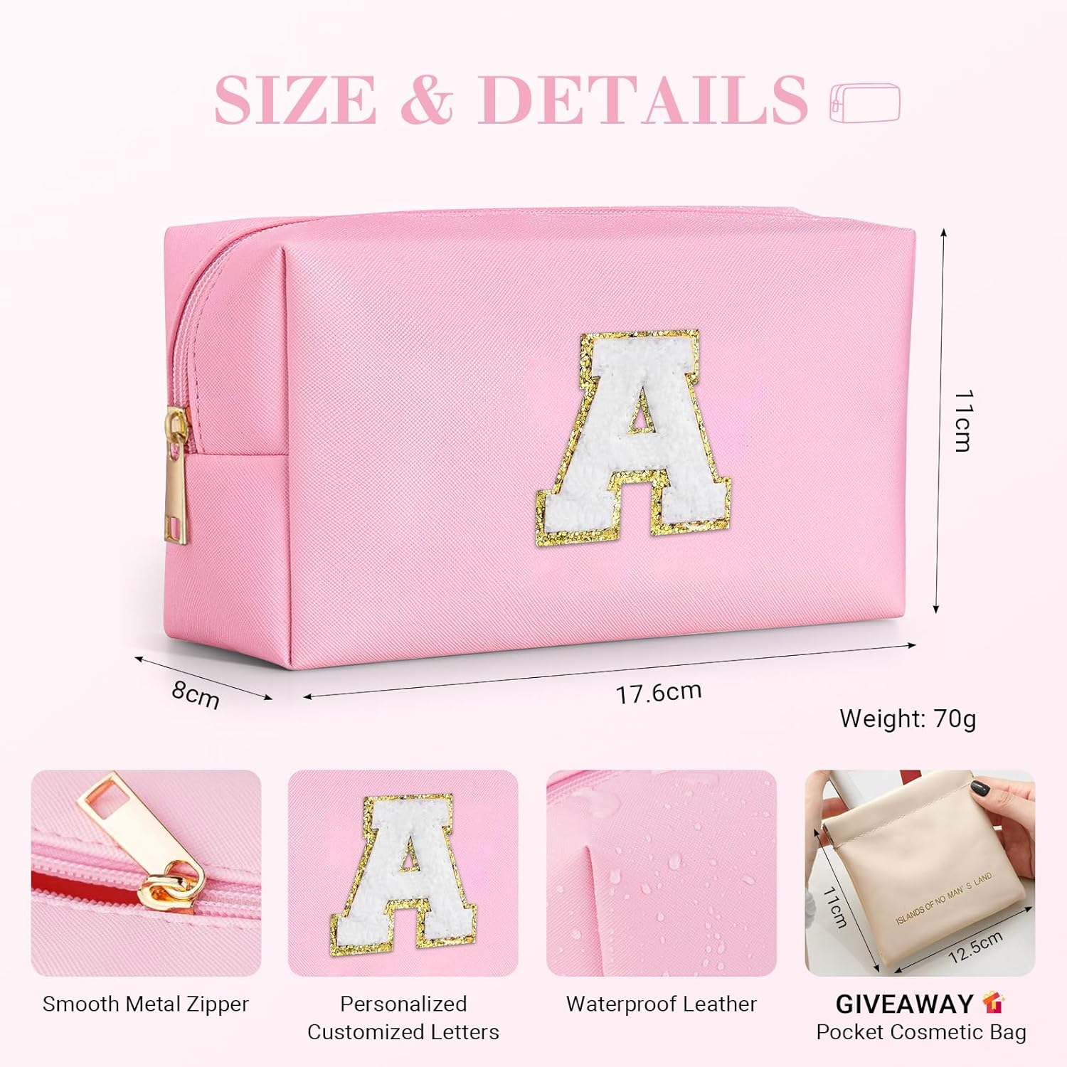 LIAN Initial Makeup Bag Personalized Cosmetic Bags Cute Makeup Pouch Waterproof PU Small Travel Toiletry Bags for Women Preppy Things for Girls (Pink-A) image number 4