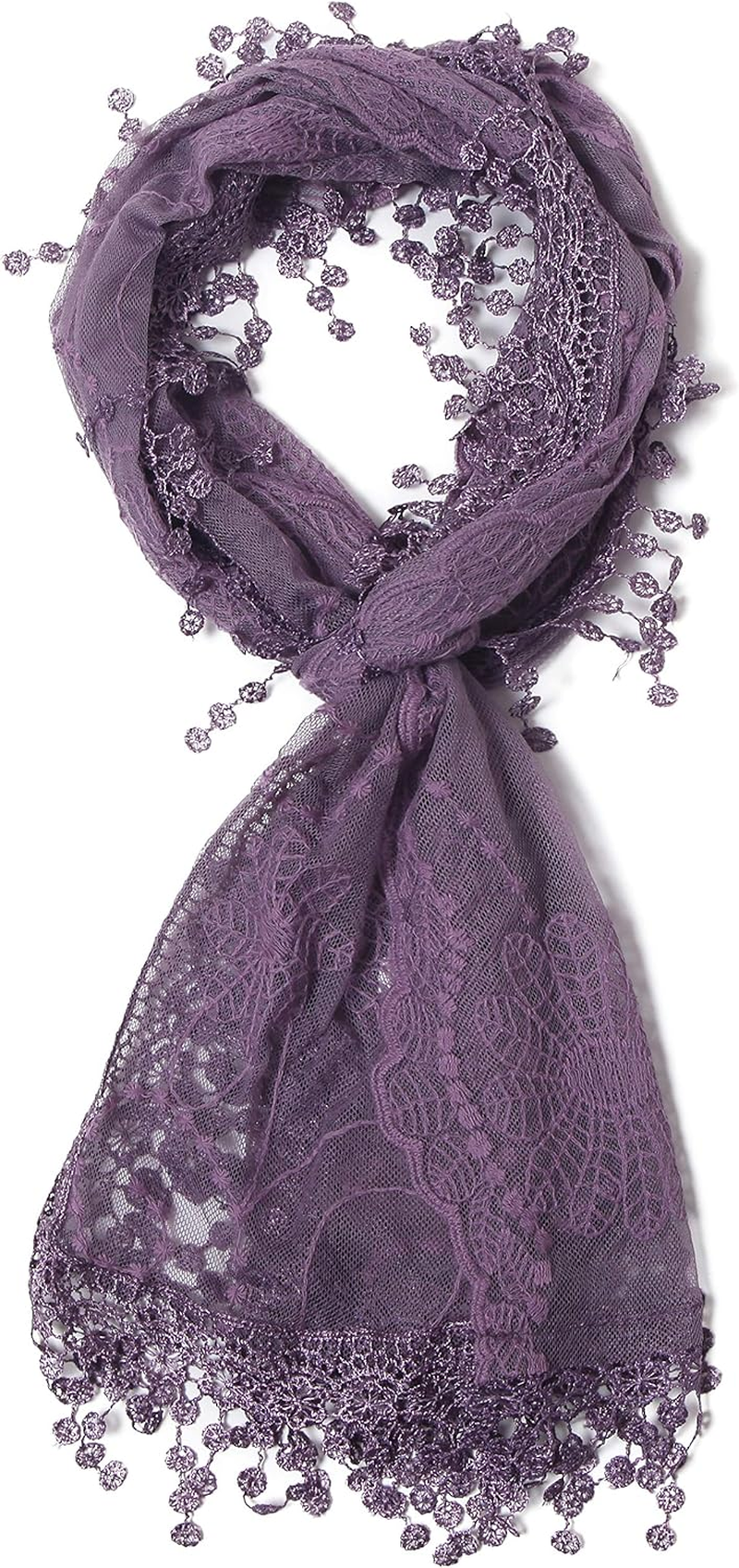 Women'S Lightweight Feminine Lace Teardrop Fringe Lace Scarf Vintage Scarf Mesh Crochet Tassel Cotton Scarf for Women - American Purple With Fringes image number 5