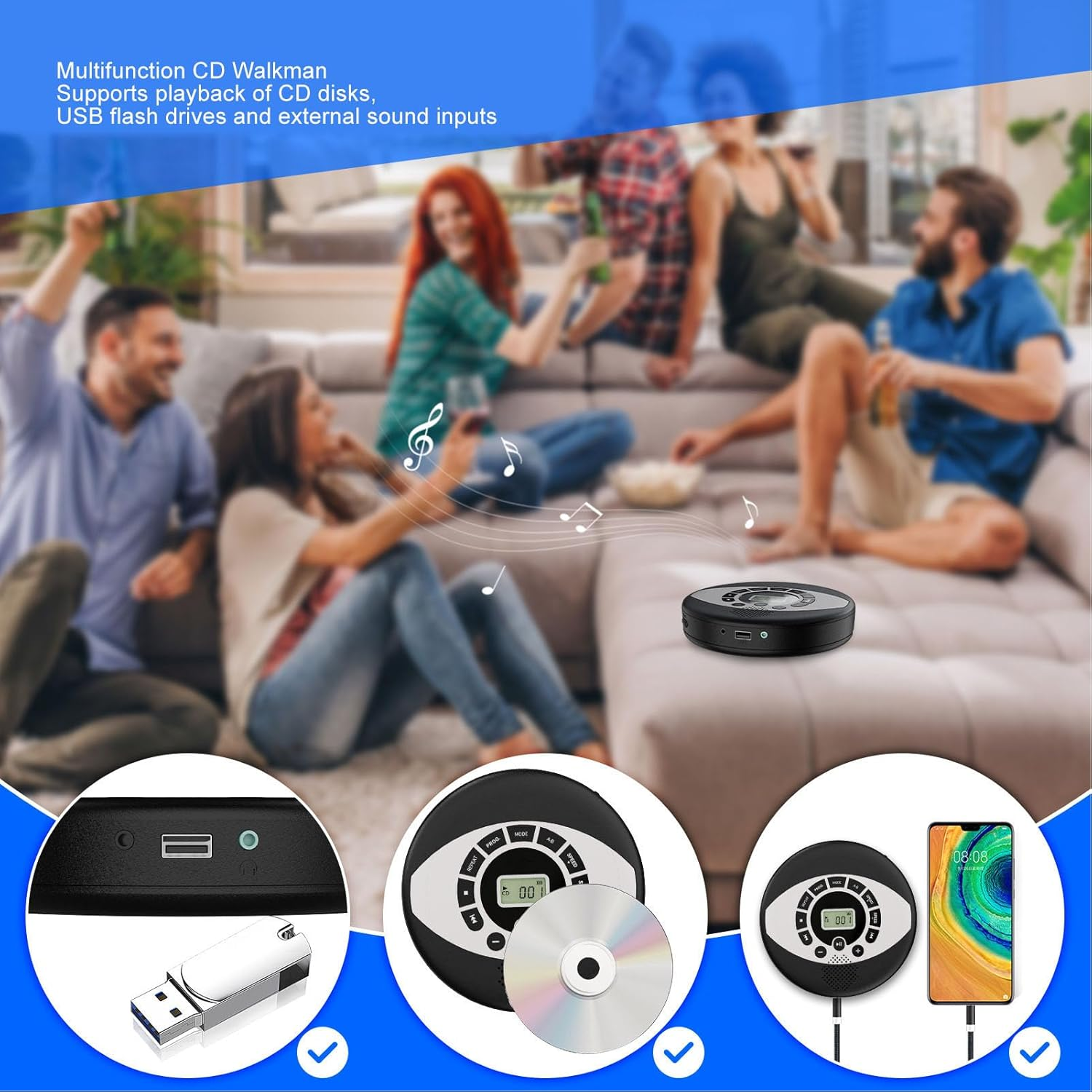 Portable CD Player with Stereo Speaker, Support Headphone Insertion USB Rechargeable CD Player, anti Skip and Memory Playing