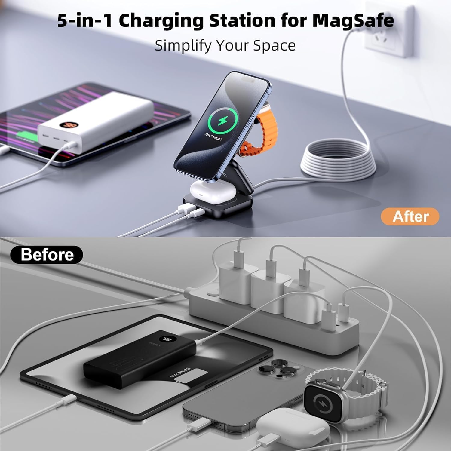 5 in 1 Wireless Charger for Magsafe, AC ISLAND Foldable Charging Station for Apple, Magnetic Multi Charging Stand Dock for Iphone 17/16/15/14/13/12 Series, Apple Watch Airpods (With 35W Gan Adapter) - Black image number 4