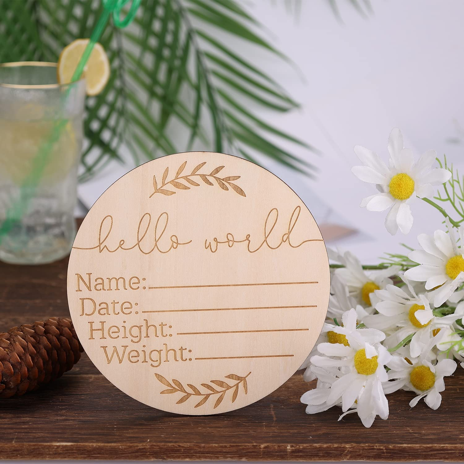AIEX Wooden Baby Announcement Hello World Plaque, 5.9 Inch round Birth Sign, Baby Name Newborn Welcome for Hospital Photo Prop, Baby Shower Nursery Gift image number 6