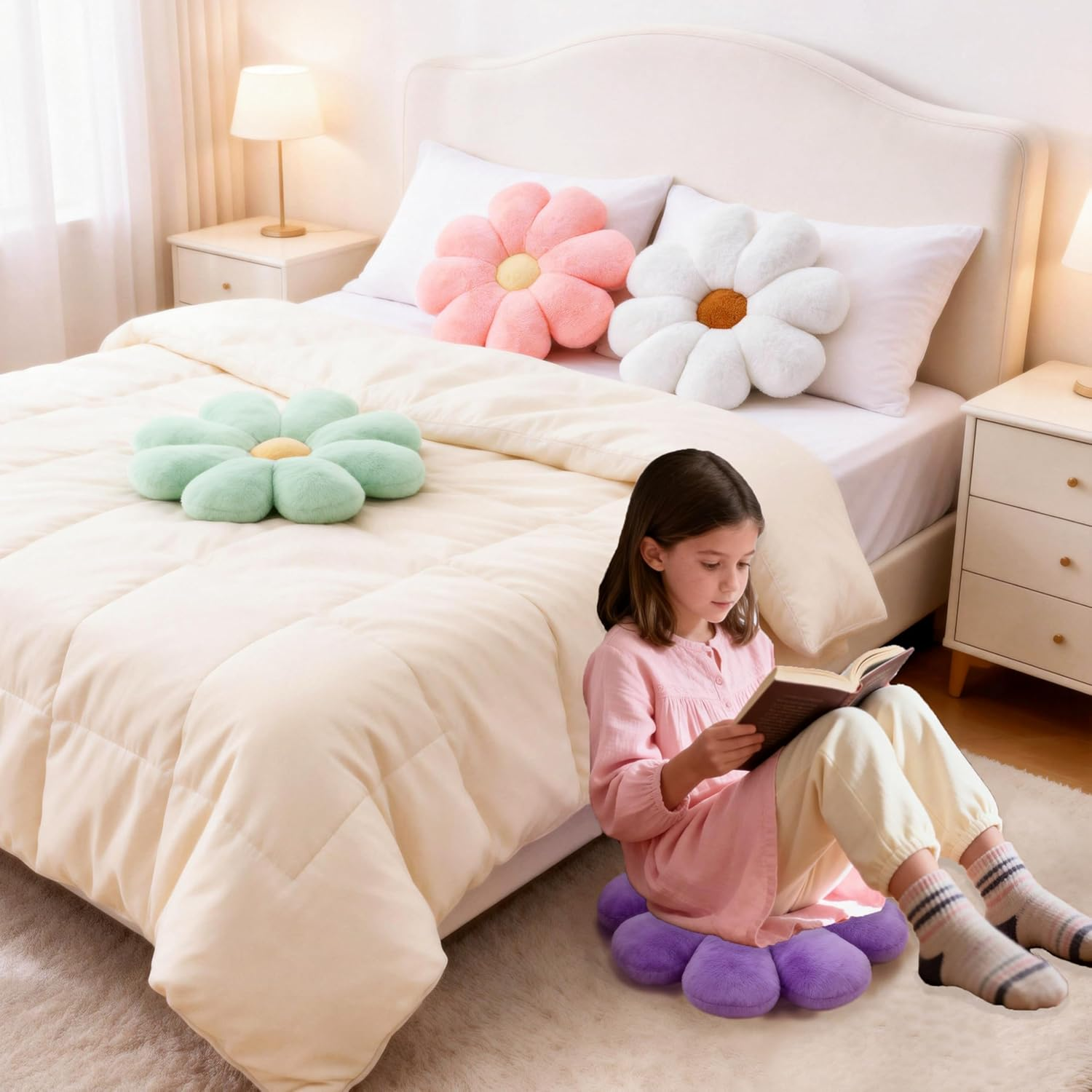 2 Pcs Flower Pillow Floor Cushion Decorative Throw Pillows Cute Aesthetic Pillows Cushions for Bedroom Preppy Room Bed Sofa Chair Decor (Yellow & White) image number 5