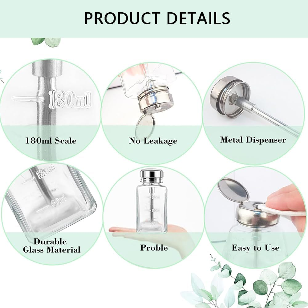 2 Pack 180 ML Square Glass Pump Dispenser Bottles &ndash; Refillable Flip-Top Bottles for Alcohol, Nail Polish Remover, Makeup Remover &ndash; Clear Travel Size Containers with Metal Cap image number 1