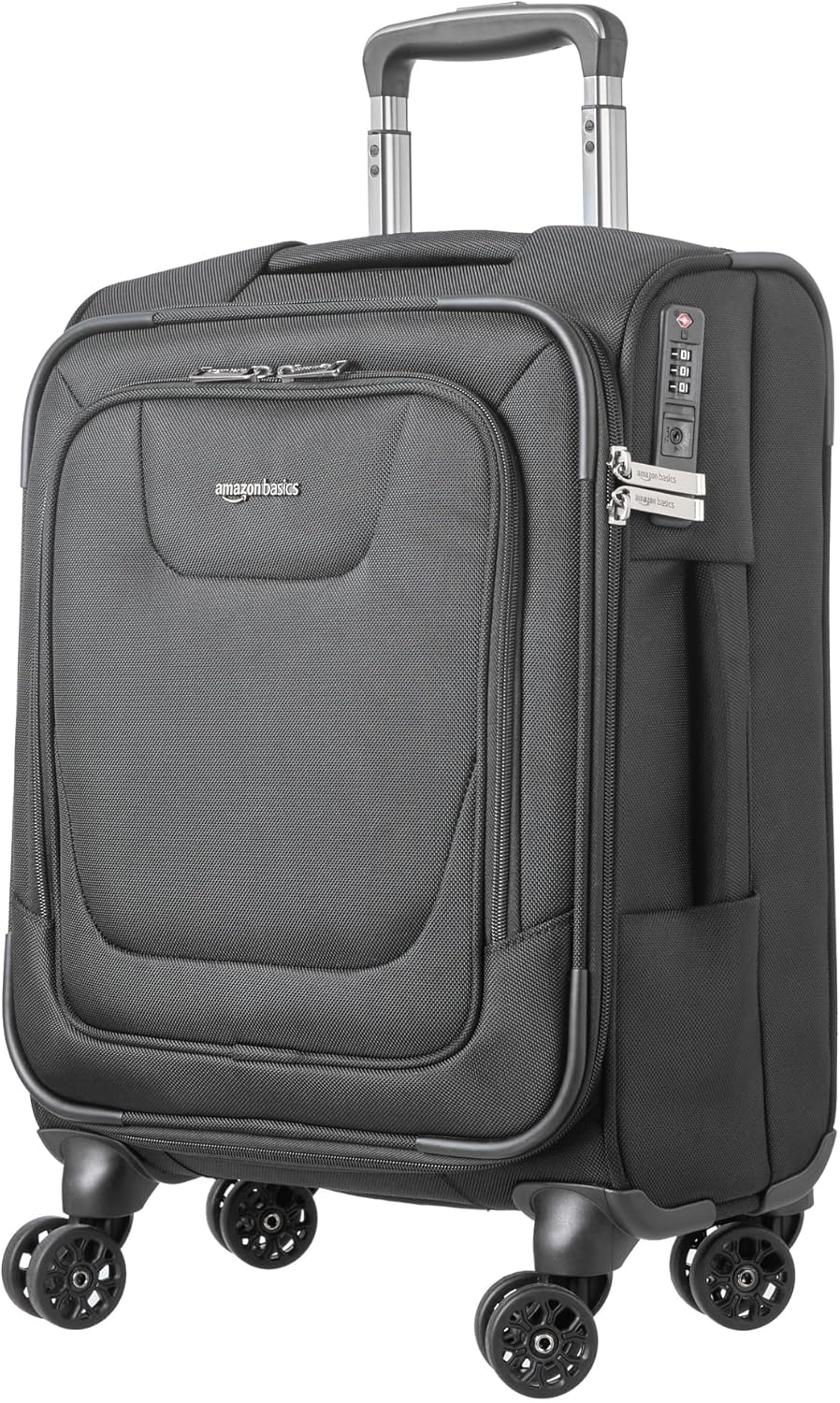 Amazon Basics 58Cm Luggage, Softside Suitcase with TSA Lock, 8 Spinner Wheels, Front Exterior Pocket, 3 Interior Pockets for Dry and Damp Clothes/Towels Separately, Black image number 1