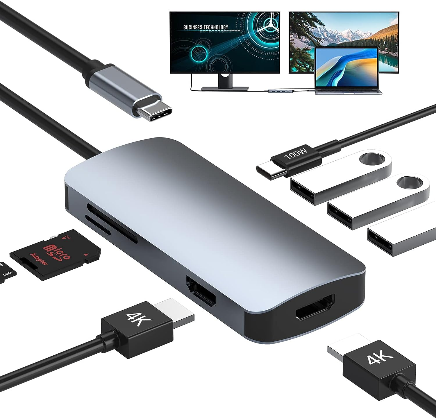 USB C to Dual HDMI Adapter, 8 in 1 USB C Docking Station USB C Adapter with 2HDMI, 3 USB 3.0, SD/TF, PD 100W, USB Adapter for Macbook Pro, XPS, Ipad Pro image number 3