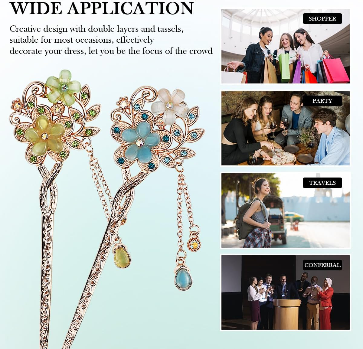 FERCAISH Pack of 2 Metal Opal Flower Hair Sticks, Vintage Hair Stick, Chinese Hair Pins, Elegant Hair Stick, Suitable for Prom, Party, Daily Life (Blue, Green) image number 3