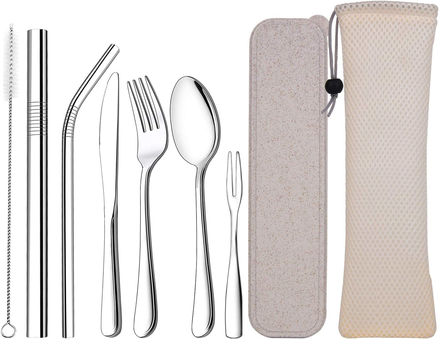 Hisredsun Portable and Reusable Stainless Steel Cutlery Set, 9-Piece Portable Flatware Set for Office, School, Camping and Travel. Including Knife/Fork/Spoon/Cleaning Brush/2 Straws/Fruit Fork/Wheat Straw Case/Mesh Bag image number 4