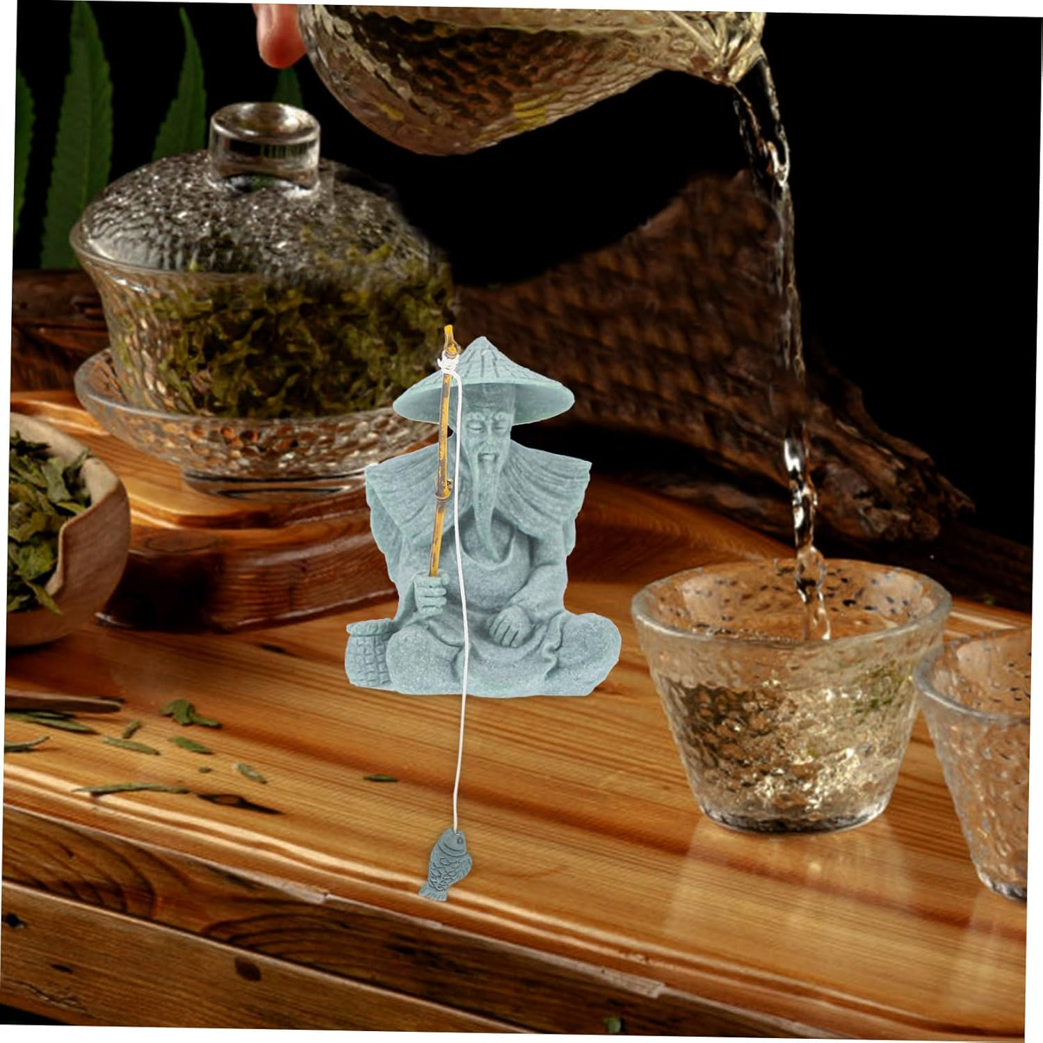Hohopeti Aquarium Fisherman Statue Miniature Fisherman Figure for Fish Tank Decor Chinese Sitting Fishing Man Micro Landscape Tea PET image number 3