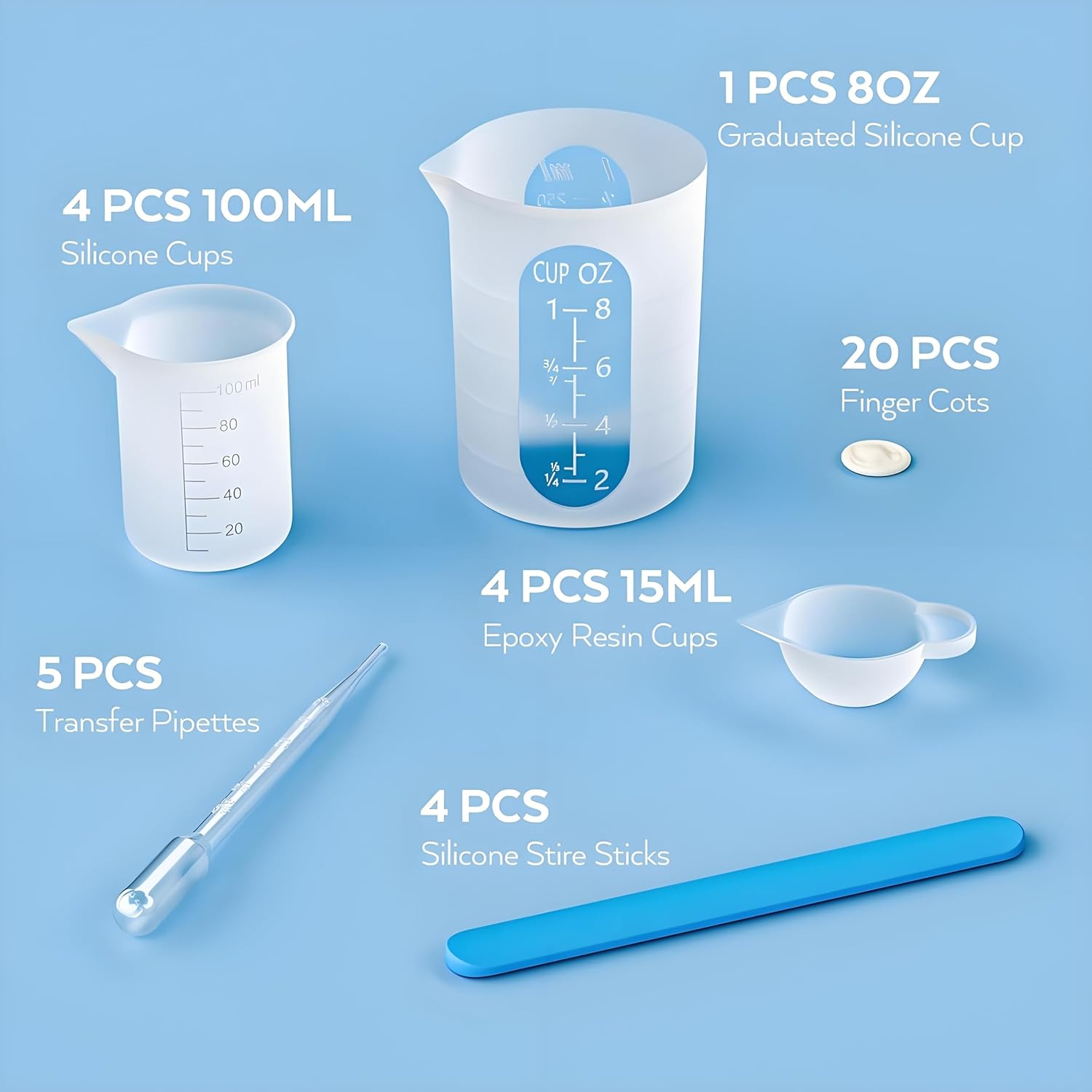 Silicone Resin Measuring Cups Tool Kit- 250 & 100 Ml Measure Cups, Silicone Popsicle Stir Sticks, Pipettes, Finger Cots for Epoxy Resin Mixing, Molds, Jewelry Making, Waxing, Easy Clean image number 3