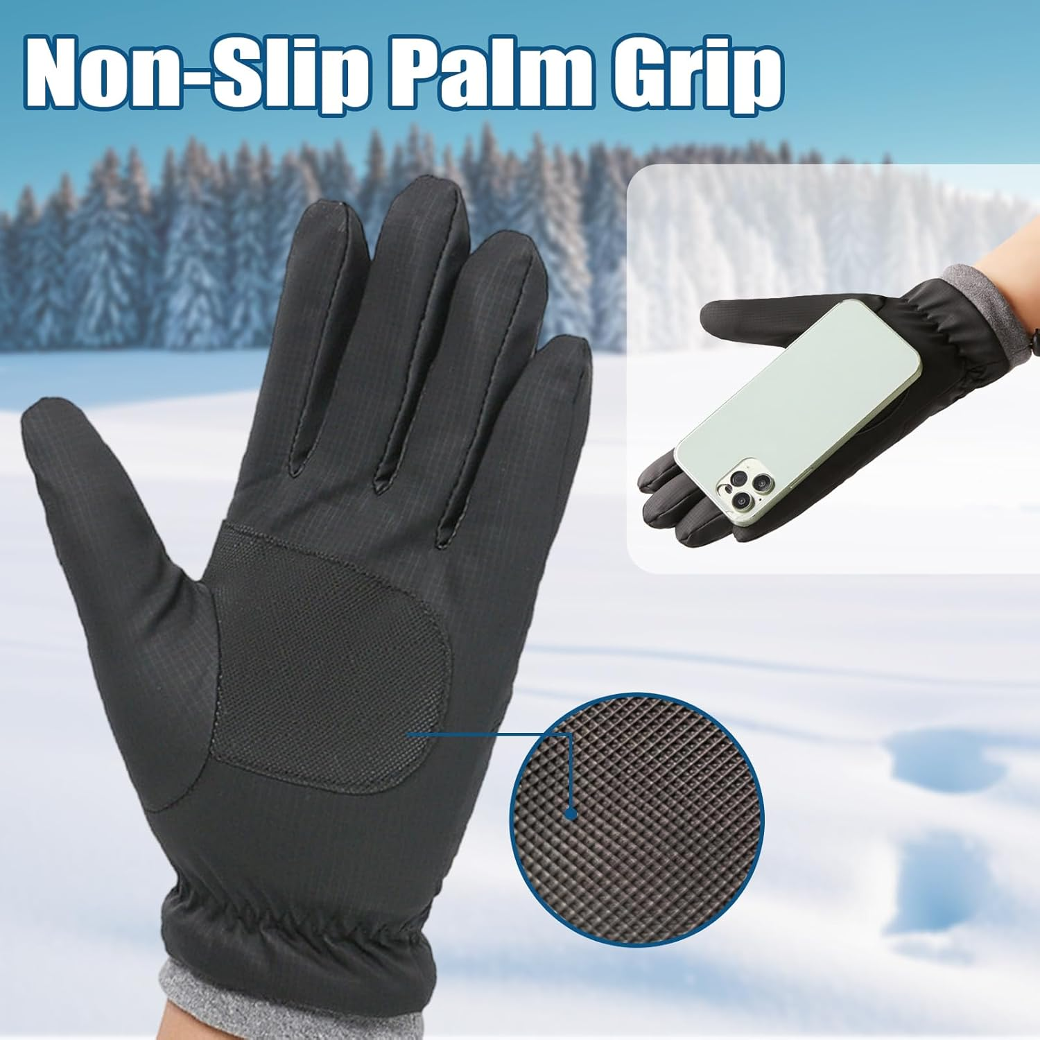 VIIOTU Ski Gloves for Men & Women - Winter Snow Gloves Waterproof Touchscreen, Thermal Windproof for Skiing, Cycling, Running (Texting, Adjustable Cuff) - Black image number 3