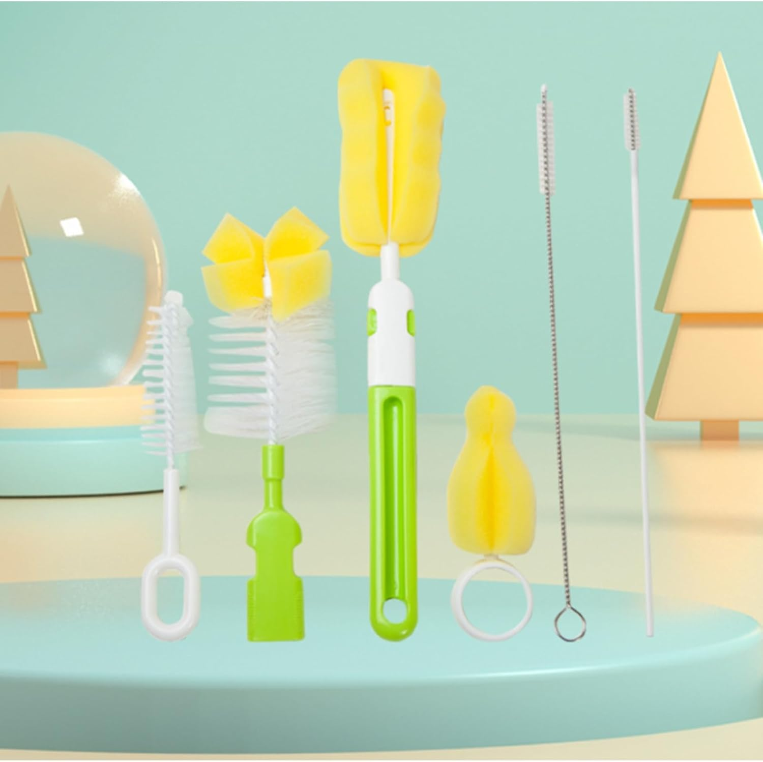 6Pcs Pink Baby Bottle Cleaner Brush Set, Pacifier Brush and Straw Brush, Long Handle Sponge Bottle Brush.