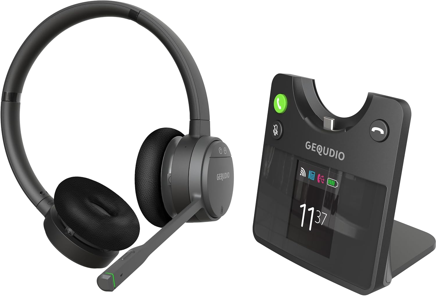 GEQUDIO GC-4 DECT and Bluetooth Dual Headset with Active Noise Cancelling and Hybrid Noise Cancellation, 2-Ear with Base Station - Wireless on Desk Phone and PC image number 1
