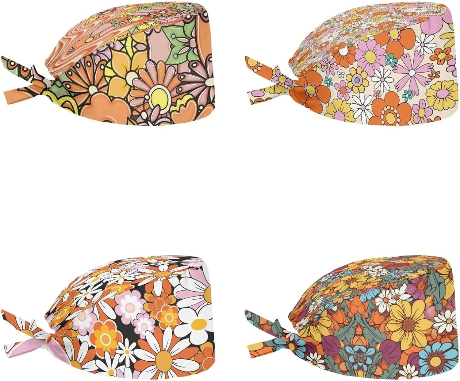 Yuuxorilu Scrub Cap Set 4 Pack,Women Men Working Cap with Adjustable Tie Sweatband