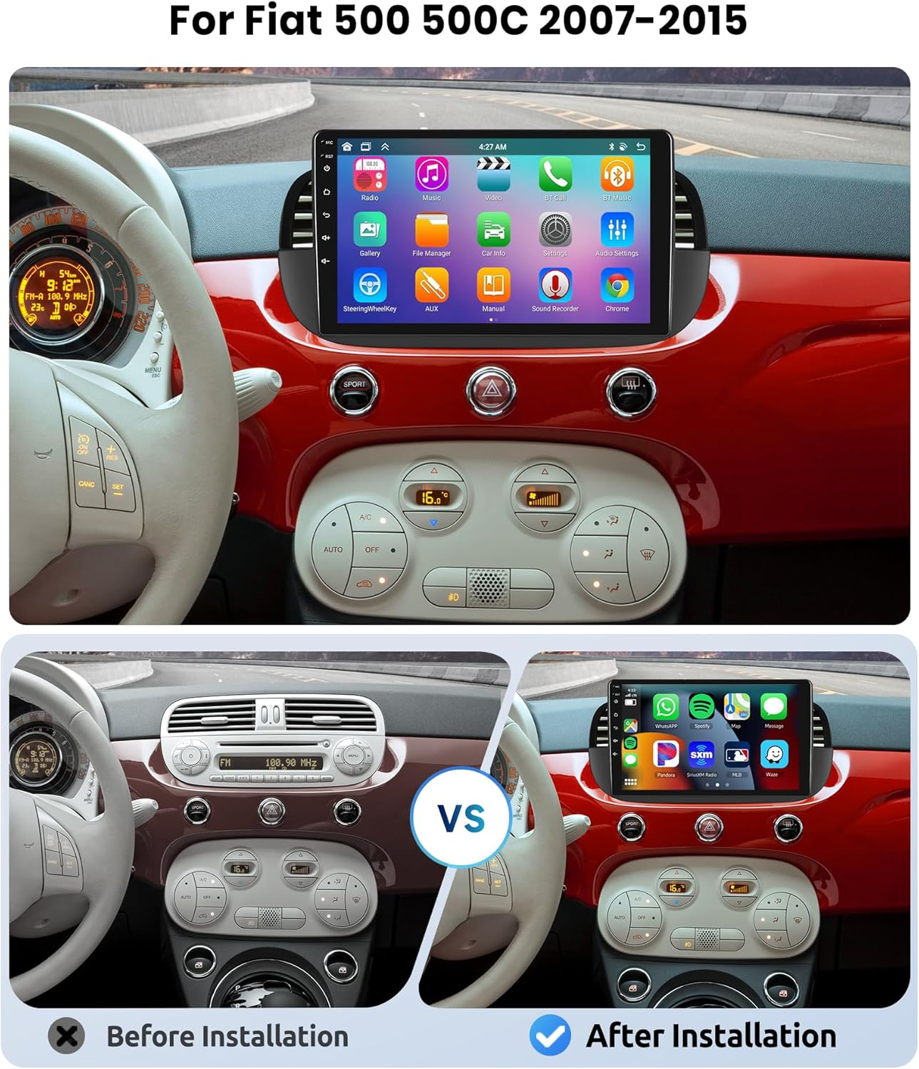 [8 CORE 4G+64G] Car Radio for Fiat 500 500C 2007-2015 with Wireless Carplay/Android Auto, 9 Inch Touch Screen with GPS, Wifi, SWC, Dsp+Backup Camera image number 4