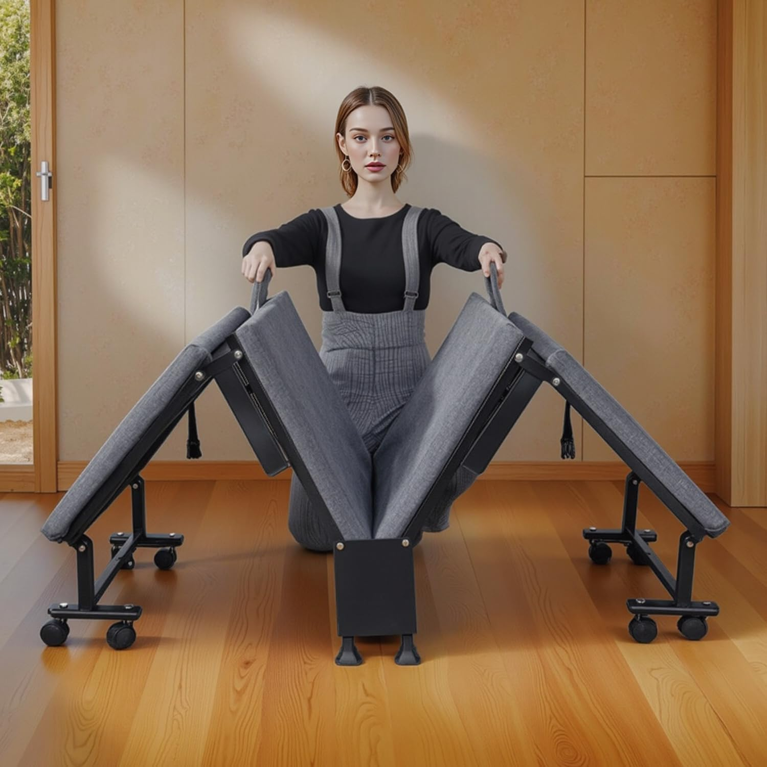 Uandhome Folding Bed with Mattress,4-Fold Rollaway Guest Bed with Twin Size & Metal Frame & Rolling Wheels & Adjustable for Adults Temporary Shelters Home Office Easy Storage(185 * 90 * 22.5Cm) image number 4