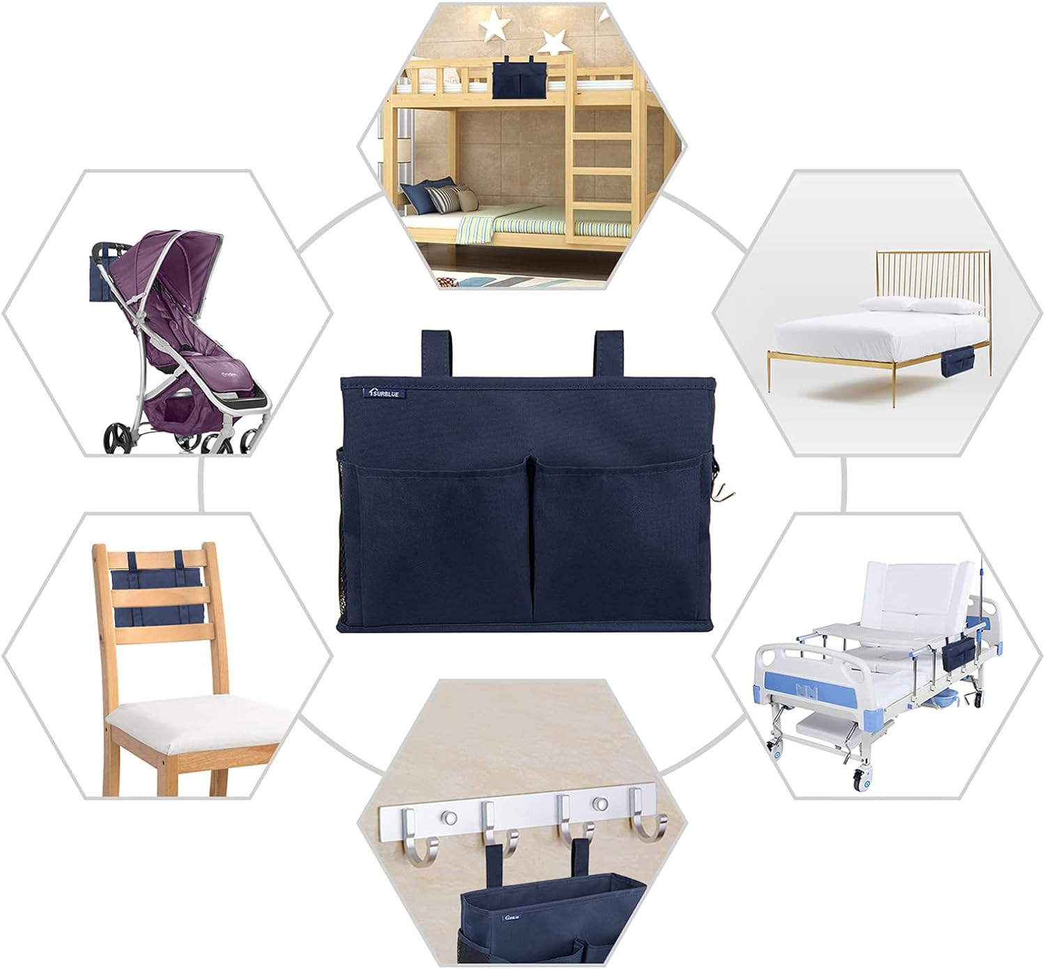 Surblue Bedside Caddy Hanging Bed Organizer Storage Bag Pocket for Bunk and Hospital Beds, College Dorm Rooms Baby Bed Rails, Camp 4 Pockets and 2 Hooks (Blue) image number 6