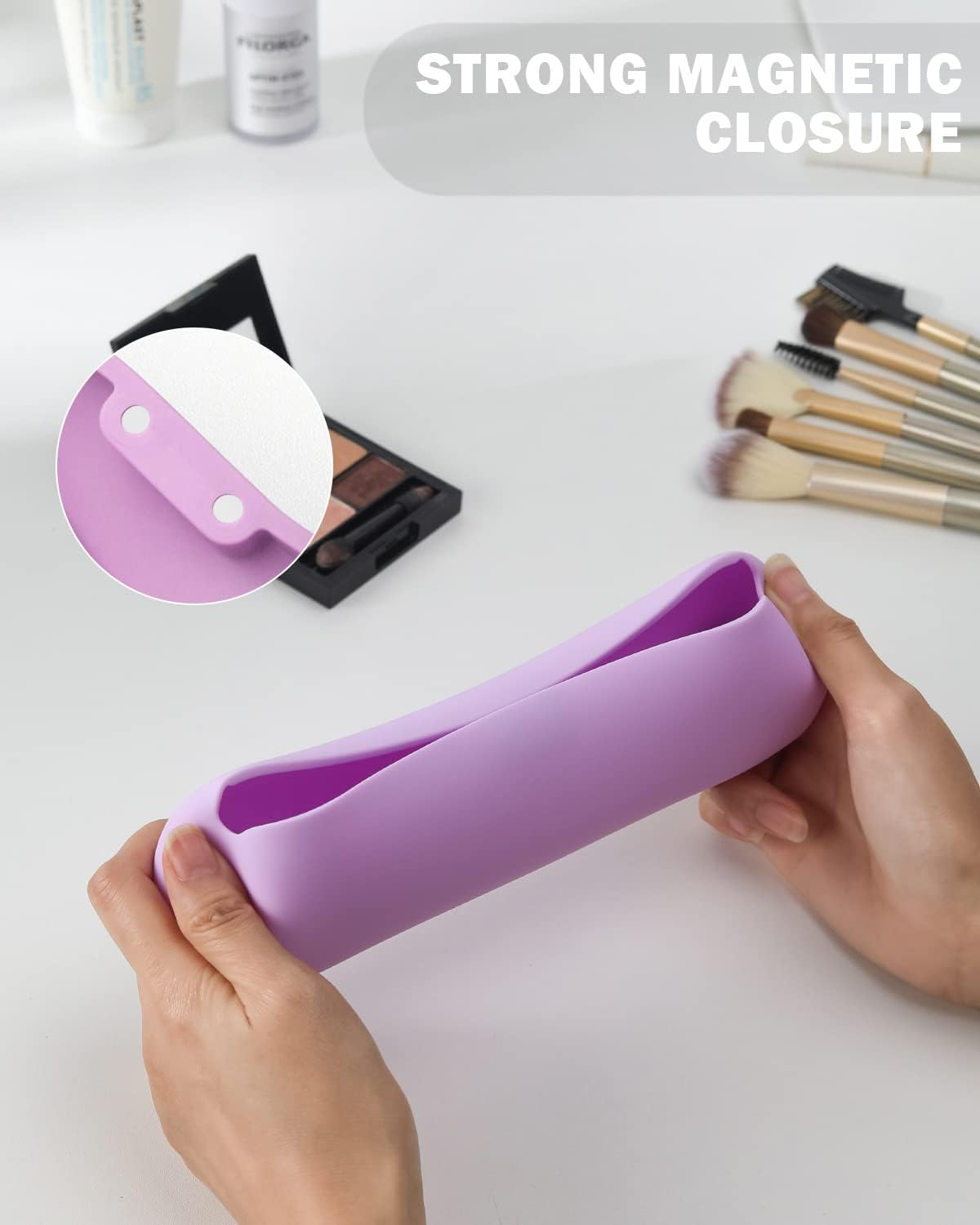 BEZOX Travel Makeup Brush Holder with Strong Magnetic Buckle, Silicone Make up Brush Pouch Case, Cosmetic Brush Mini Bag - Violet image number 3