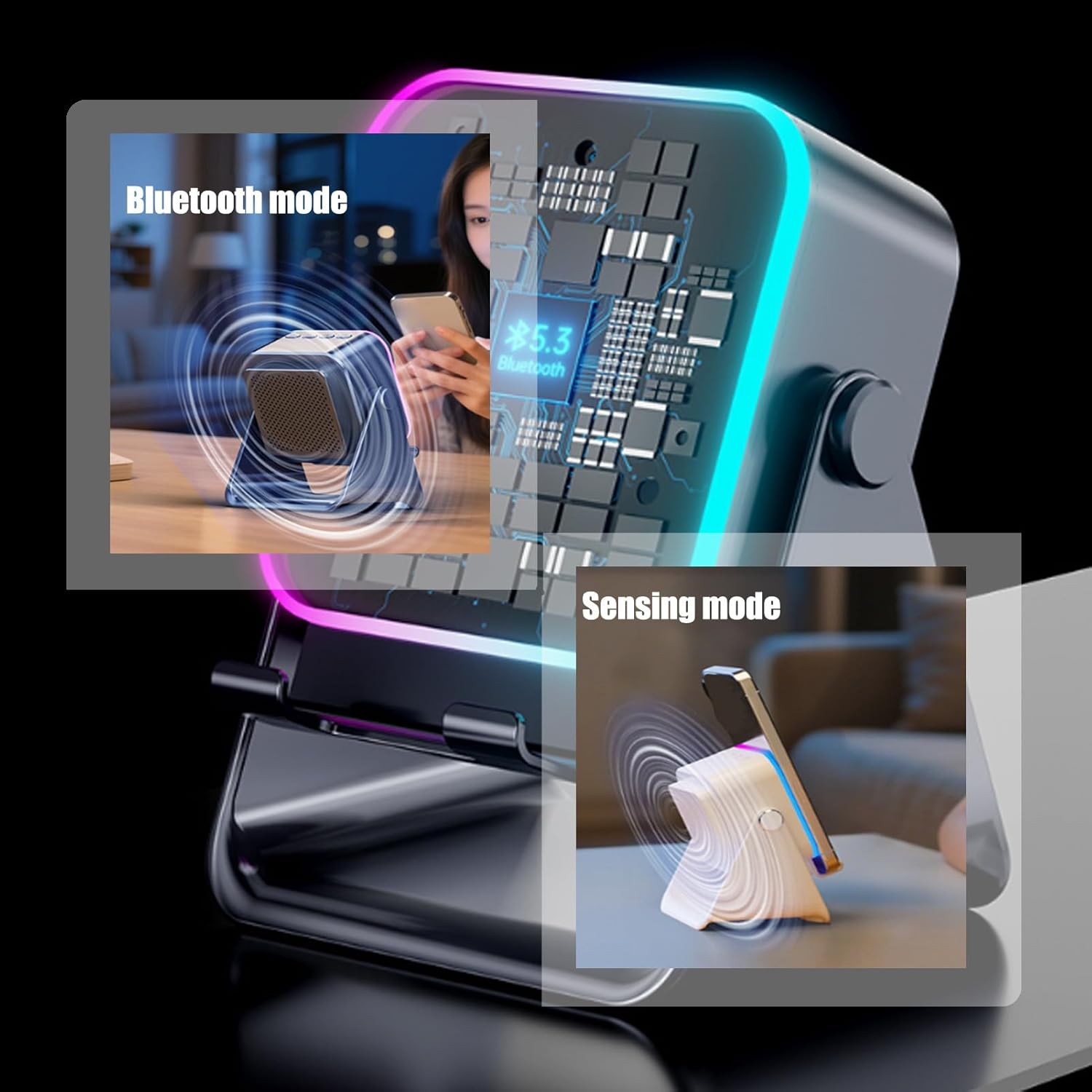 5 in 1 Wireless Induction Bluetooth Speaker, Wireless Induction Speaker with Adjustable Phone Stand, Versatile Audio Stand and Portable Connect Audio Player for Travel Christmas Surprise (Black) - White image number 7