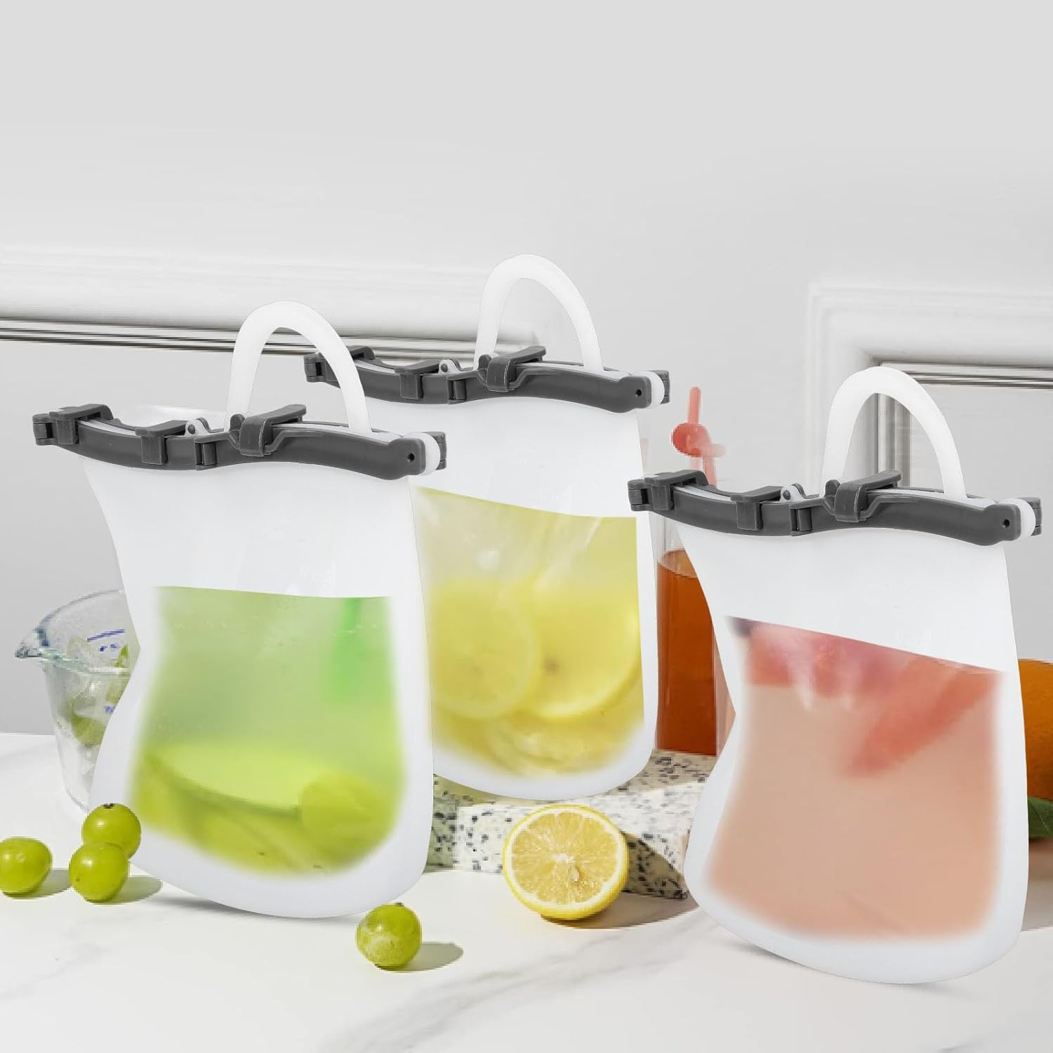 4Pcs Drink Pouches with 4 Straws, Food Grade Silicone 1.5L Reusable Juice Pouches, Drink Pouches for Adults Alcohol, Cold Drink Bags for Kids image number 2