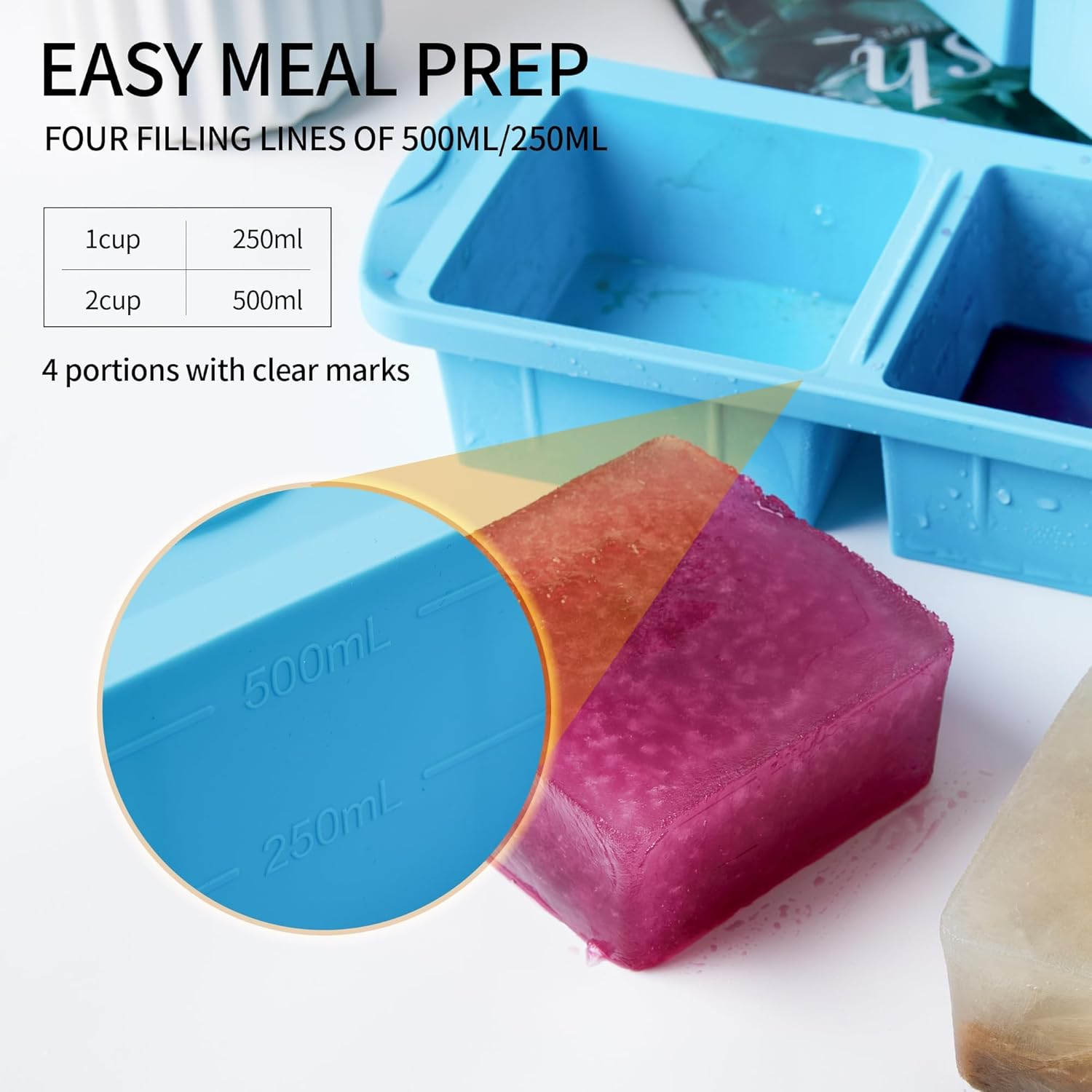 MAKTOR 2 Pack Silicone Freezer Trays with Lids, Reusable Ice Mold & Storage Container - Makes 4 Large 500Ml Cubes for Freezing Soup, Stew & Sauce, Oven & Dishwasher-Safe image number 3