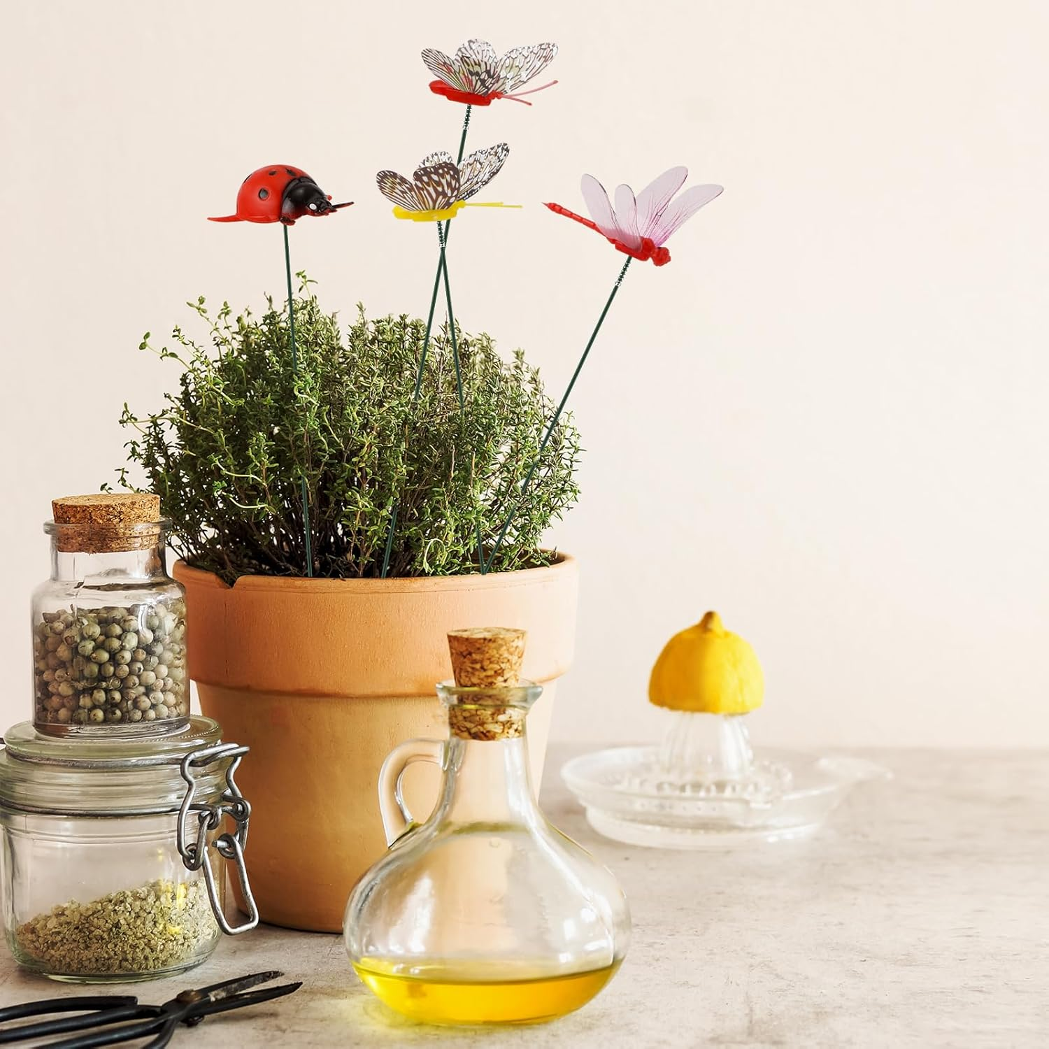 12Pcs Decorative Garden Stakes, 3D Artificial Dragonfly Garden Decor Realistic Ladybug Butterfly Ornaments for Outdoor Patio Yard Plant Flower Pot Decoration (No Clips) image number 2