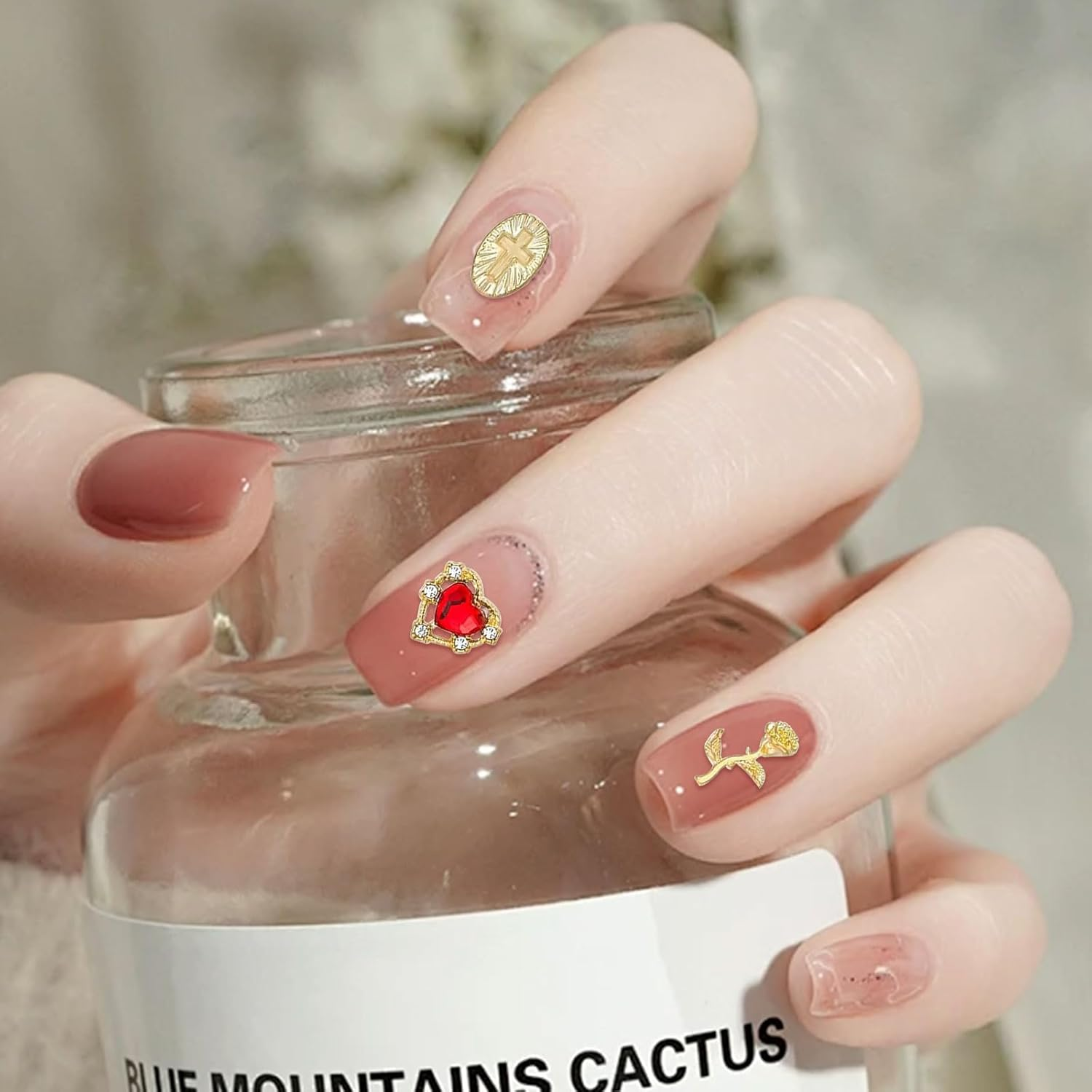 Gold Nail Charms 80 Pieces Cross Rose Heart Virgin Mary Nail Accessories Alloy Nail Accessories for Manicure Design Decorations DIY Crafts image number 2