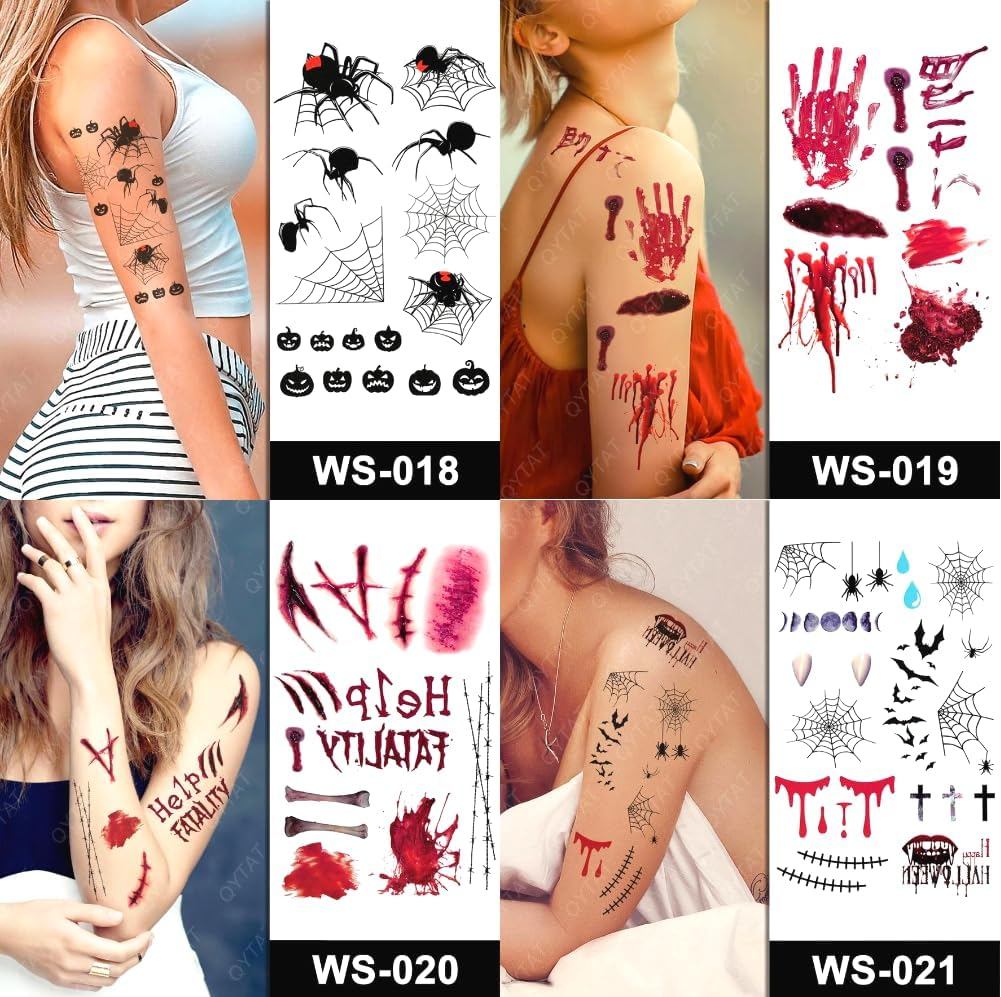 14 Sheets Halloween Tattoos Kids Temporary - Halloween Stickers Waterproof &ndash; Bats Blood Splatter Scratches Spider Webs Vampire Bites - Halloween Stickers for Adults Kids - 21X10Cm - Steadyink&reg; image number 2