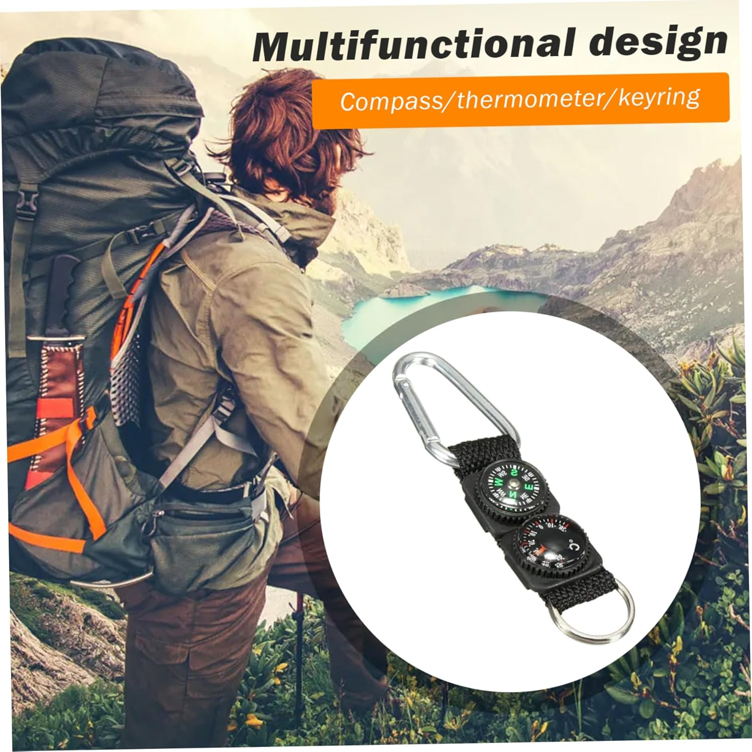 Compass Keychain Carabiner with Thermometer, Waterproof Hanging Mini Hiking Compass, Multifunctional Survival Tool for Outdoor Sports Hiking Camping Black Outdoor Compass Thermometer Hiking Compass H image number 3