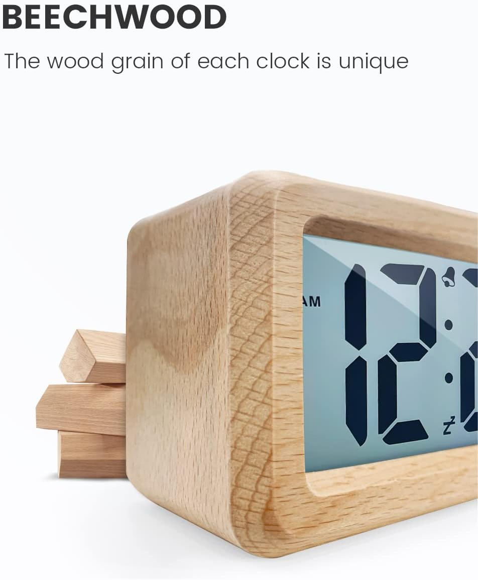 Aboveclock Digital Alarm Clock, Wooden Bedside Clock with Large LCD Backlit Display, Temperature, Snooze Function, Brightness Sensor, 3 AAA Battery Operated【Battery NOT Included】 image number 5