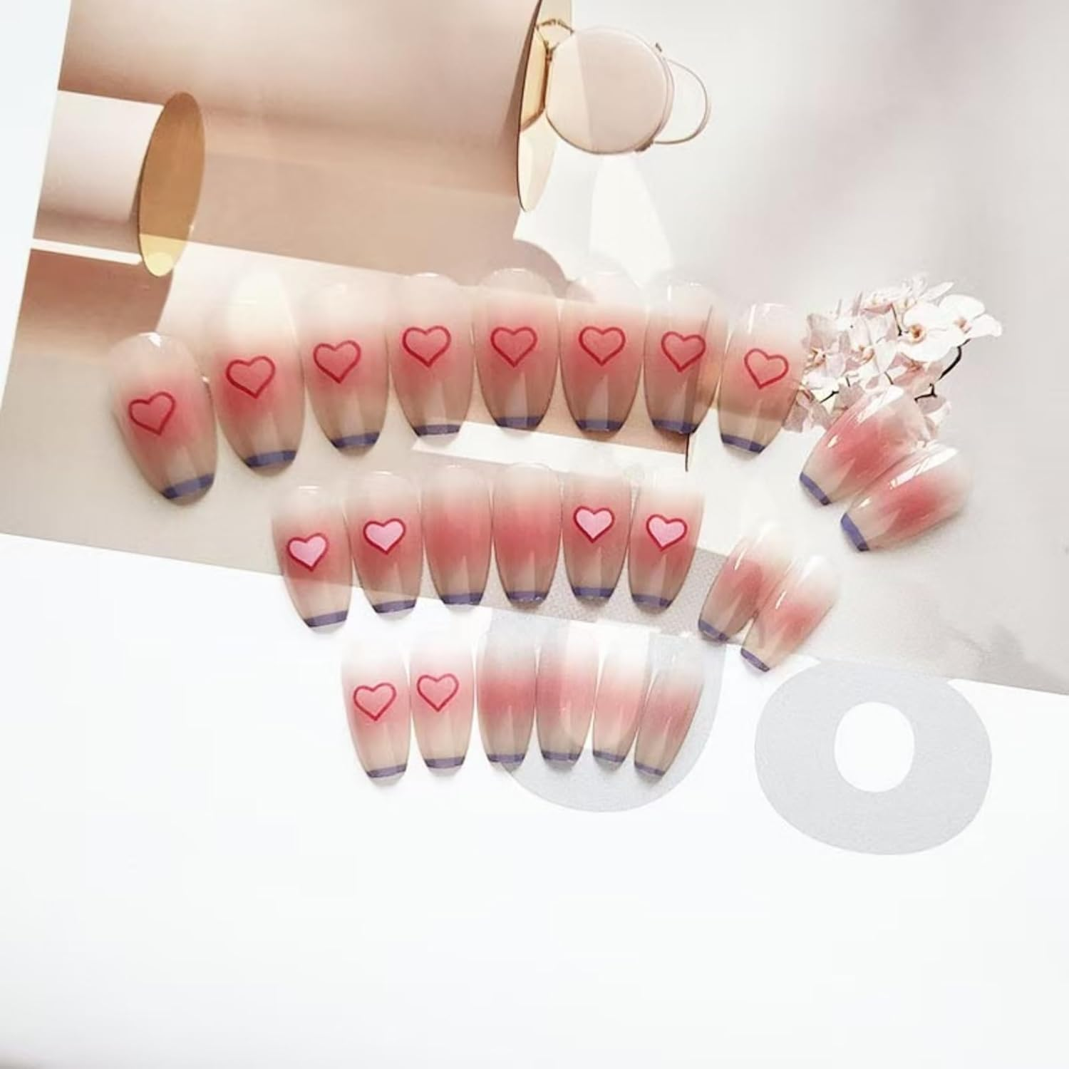 KAVI' S 24Pcs French Tip Stick on Nails Coffin Medium Long Press on Nails Nude Gradient Glitter Fake Nails Ballerina Acrylic False Nails Jerry Glue for Women Girls Nail Art (Peach Heart)