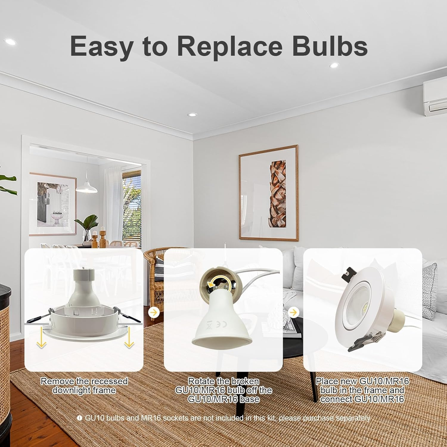 GY 12 LED Recessed Spotlights with GU10 Socket, LED GU10 Mounting Frame Ceiling Spot White round for MR16 LED or Halogen Bulbs, 35&deg; Swivel, Diameter 75 X 100 Mm Large Hole Diameter, Bulb Not Included image number 4