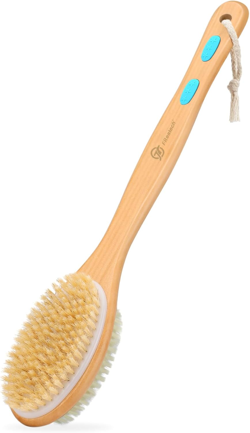 FREATECH Long Handle Body Brush Back Scrubber Exfoliator - 17.3" Wooden Bath Shower Brush, Dual-Sided Brush Head with Soft Nylon Bristles and Stiff Natural Bristles for Wet or Dry Brushing,Blue image number 2