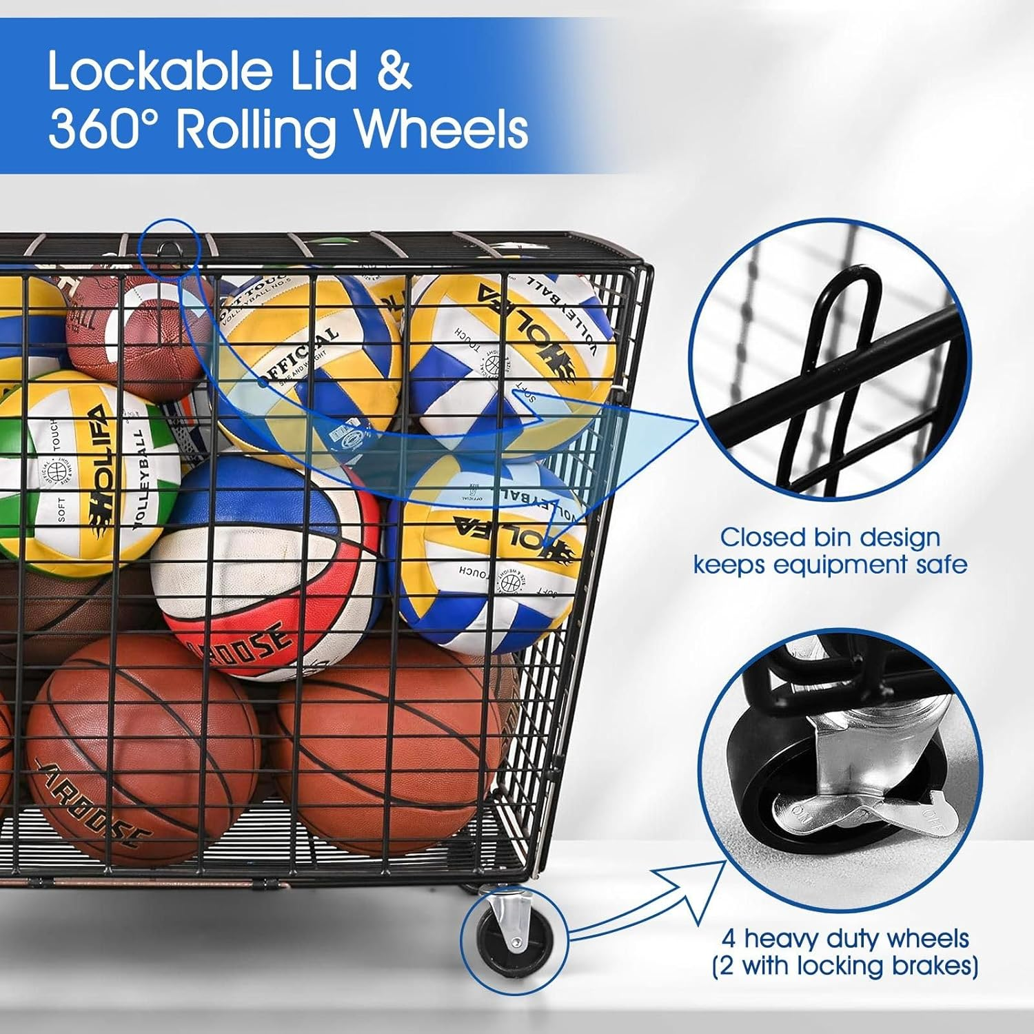 Genki Large Sports Ball Storage Cart Lockable Bin Cage Sports Equipment Organiser for Basketball Football Toys Holder Rack Garage Gym image number 3