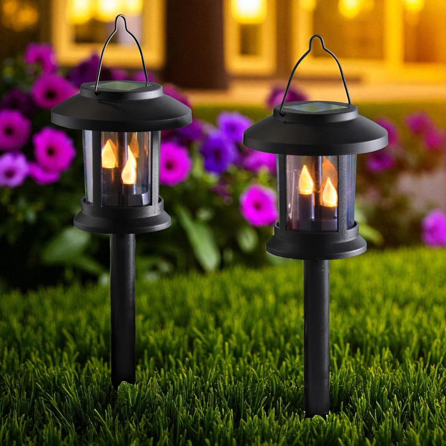 3 PAGEN 3-In-1 Solar Lantern with Plug Rod Set of 2 - Set of 2 LED Solar Garden Lights Black with Flickering Effect - as Ground Plug, Pendant Light or Table Lamp - Environmentally Friendly image number 2