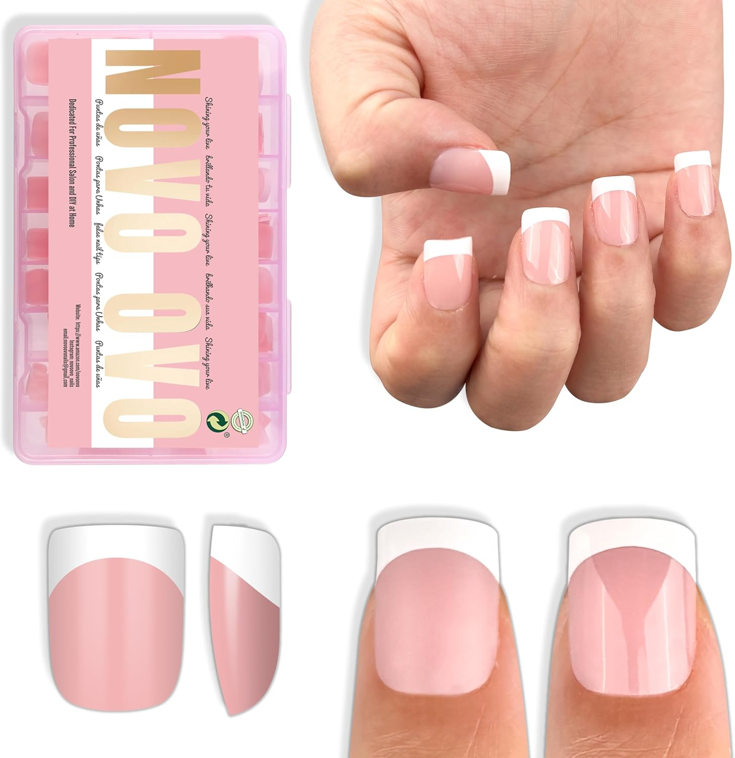 NOVO OVO Short Sharp Square White French Tip Nail Tips Press on BERRY PINK, Need Builder Gel Top Coat Nail Glue,Soft Gel Fake Nail Extension, Full Cover False Nails for Salon DIY X15 Sizes 240 Pcs