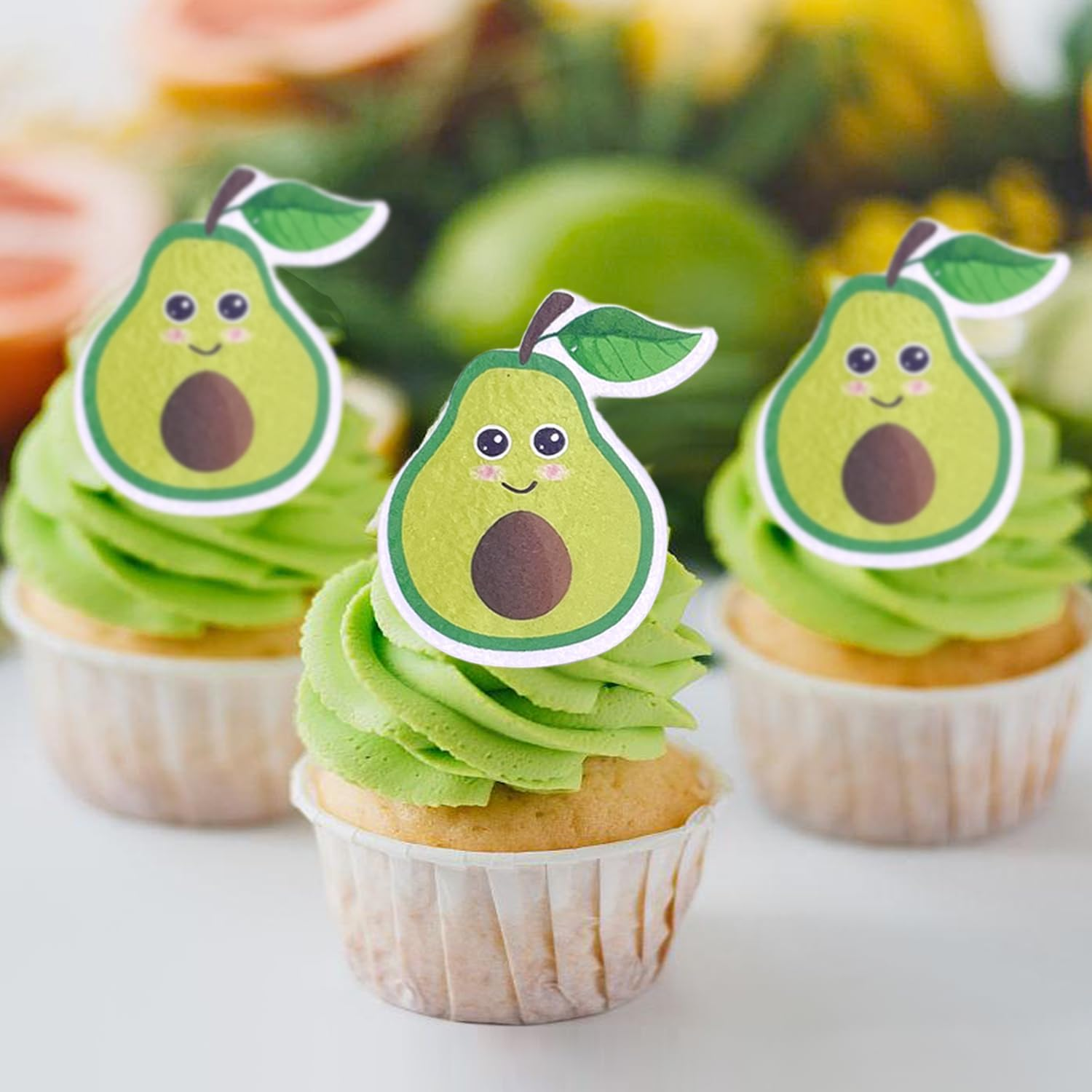 50Pcs Cartoon Fruit Smiley Cupcake Decoration, Edible Wafer Paper Creative Banana Cherry Baby Full Moon Birthday Festival Series Theme Party Dress up Plug-In (Avocado 50Pcs) image number 4