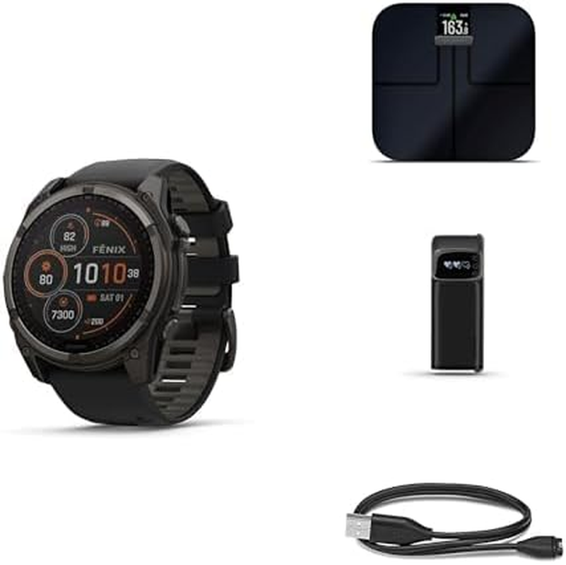 Garmin Fenix 8 Wellness Bundle - Fenix 8, 51Mm, Solar, Sapphire, Carbon Gray Titanium, Index&trade; S2, Black, Index BPM & Garmin USB-A Charging/Data Cable (0.5 M)