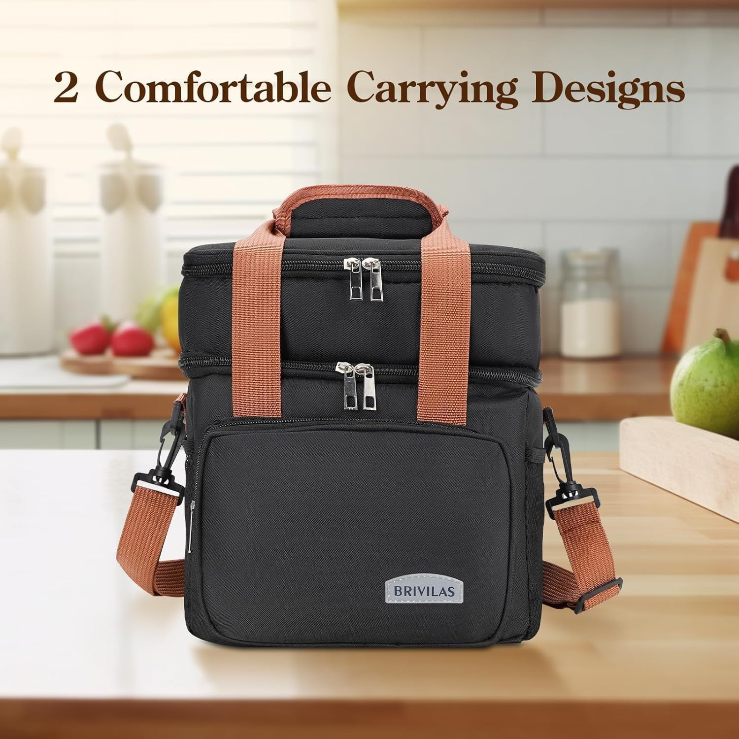 Insulated Lunch Box for Men & Women - Collapsible Cooler Bag Leakproof Double Deck, Large 12.5L Adult Lunch Bags for Work, Travel - Black Lunch Bag Cooler Lunch Box with Adjustable Strap image number 3