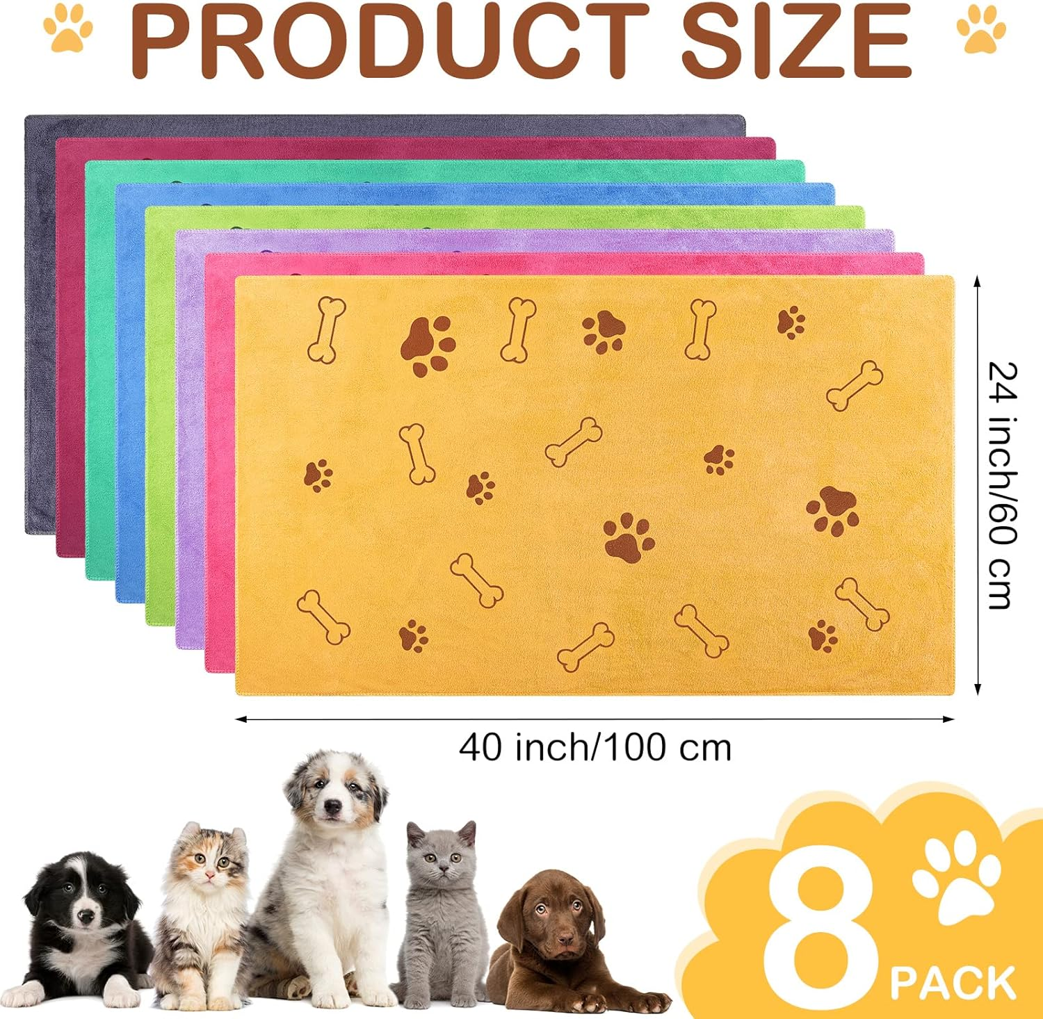 Chumia 8 Pcs Dog Towels for Drying Dogs Cats Pet Towels Bulk Puppy Microfiber Quick Drying Paw Bath Bathing Supplies Absorbent for Medium Pets(Colorful,40 X 24 Inch) image number 3