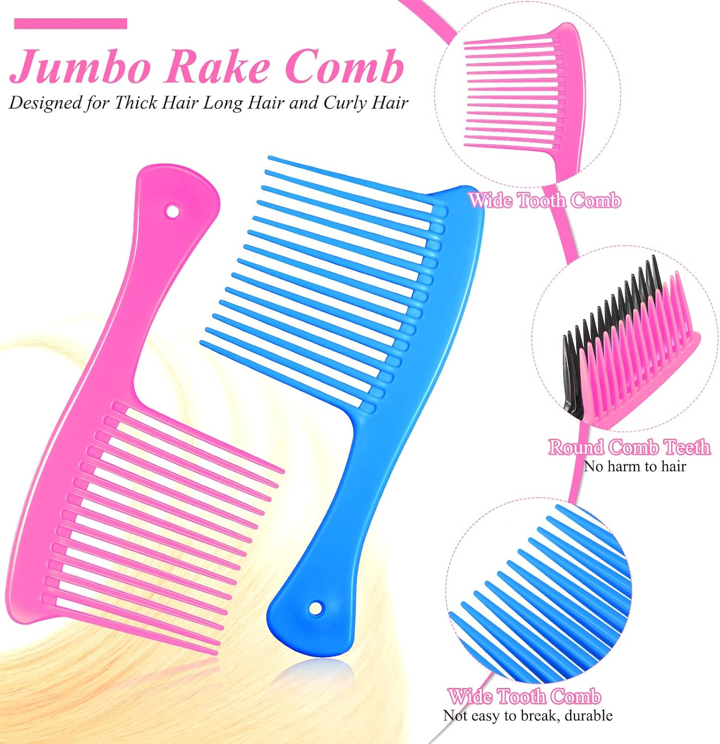 Romooa 4-Piece Wide Tooth Hair Detangler Combs, Plastic, Mixed Colors, Salon & Home Use, Adults & Kids