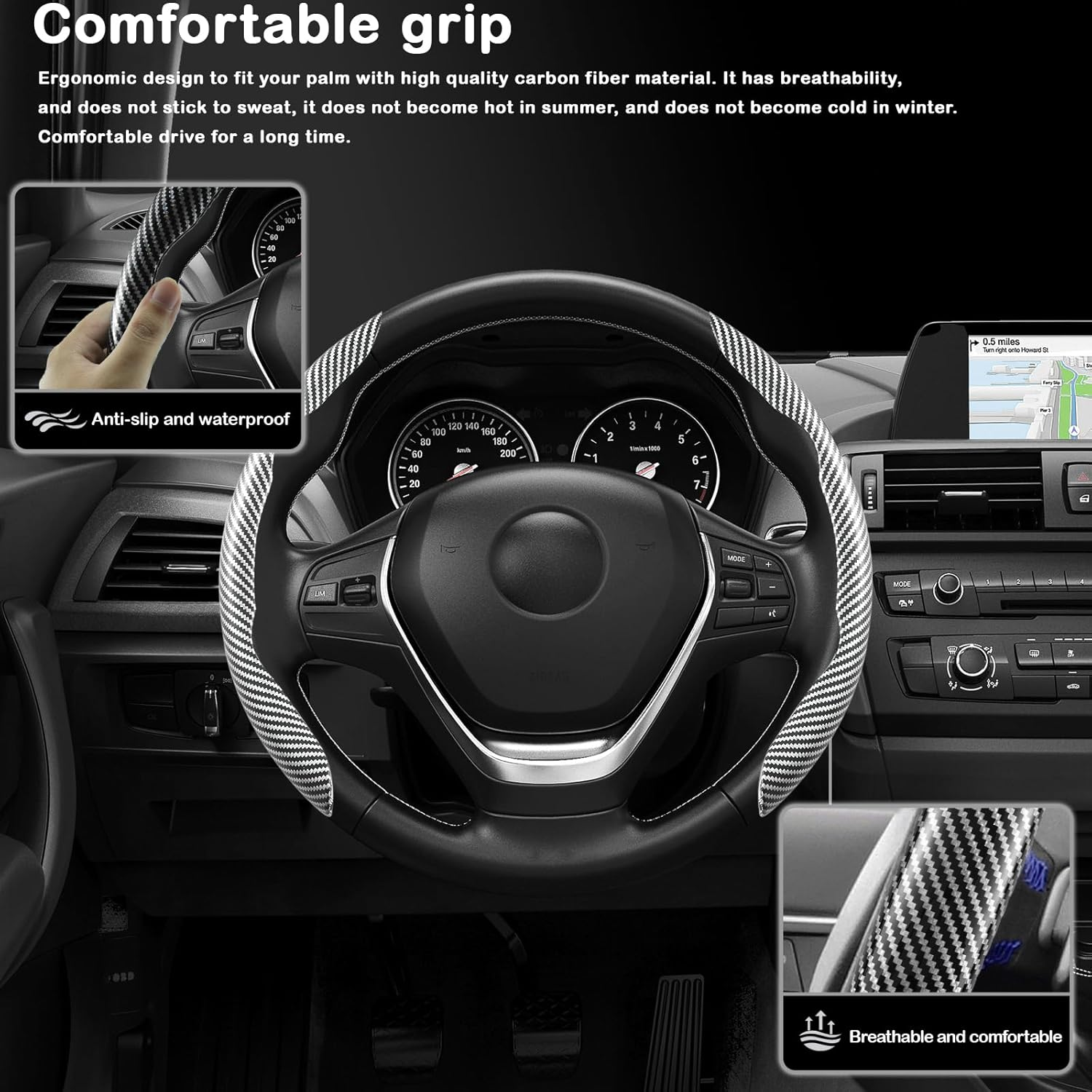 Carbon Fiber Steering Wheel Cover, Snap on Car Steering Wheel Cover Set Accessories Wrap Grip Non Slip Protector Universal (Laser Carbon Silver)