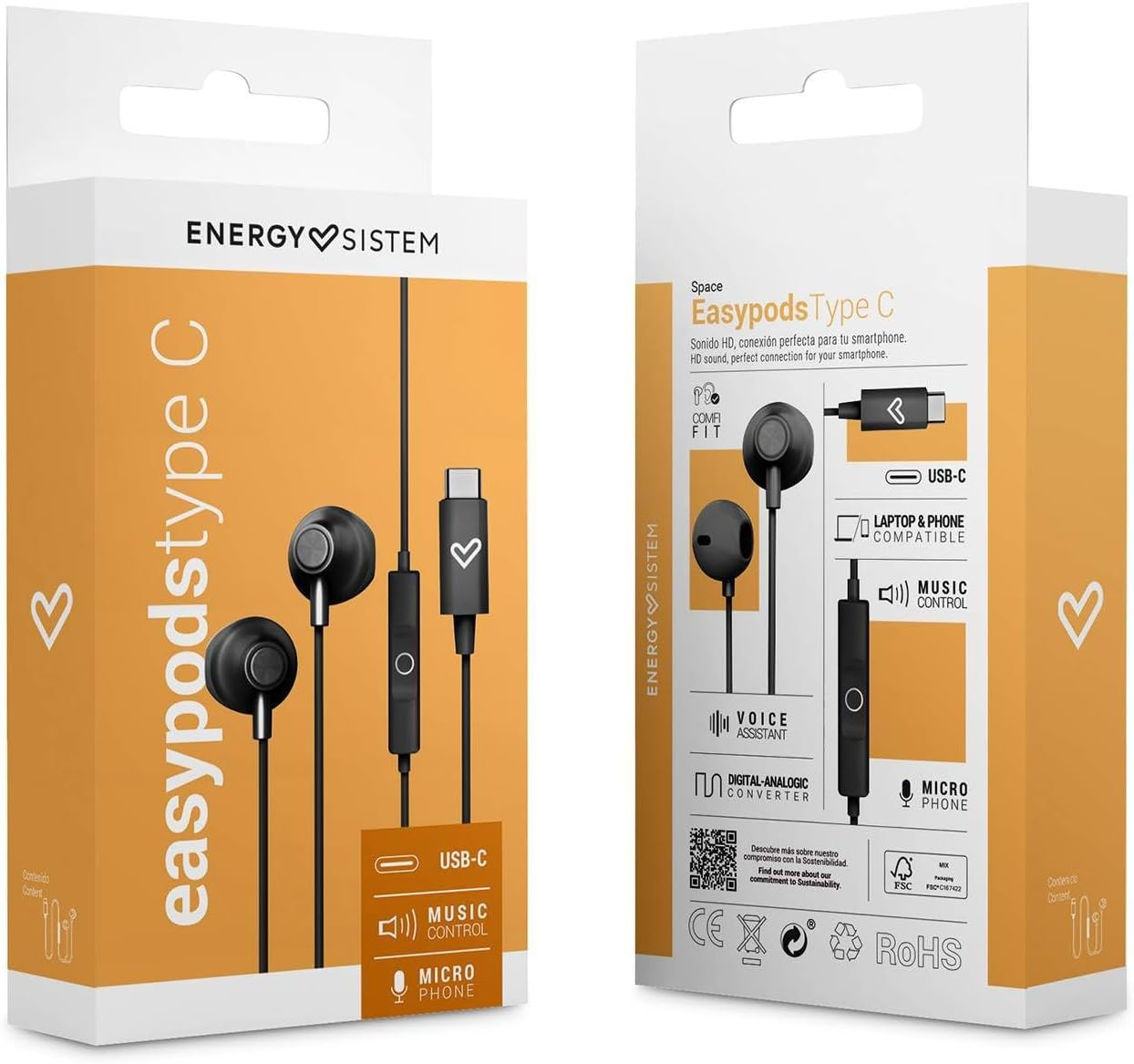 Energy Sistem Easypods Type C Wired Headphones (Type C, Microphone, Voice Assistant, Playback Controller, Comfi-Fit)