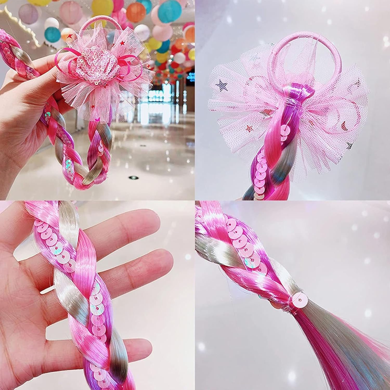 Children'S Twist Braided Colorful Wig Hair Ring Hair Extension Clips for Girls, Fashion Gradient Color Sequins Cute Girl Princess Headdress Children'S Day image number 1