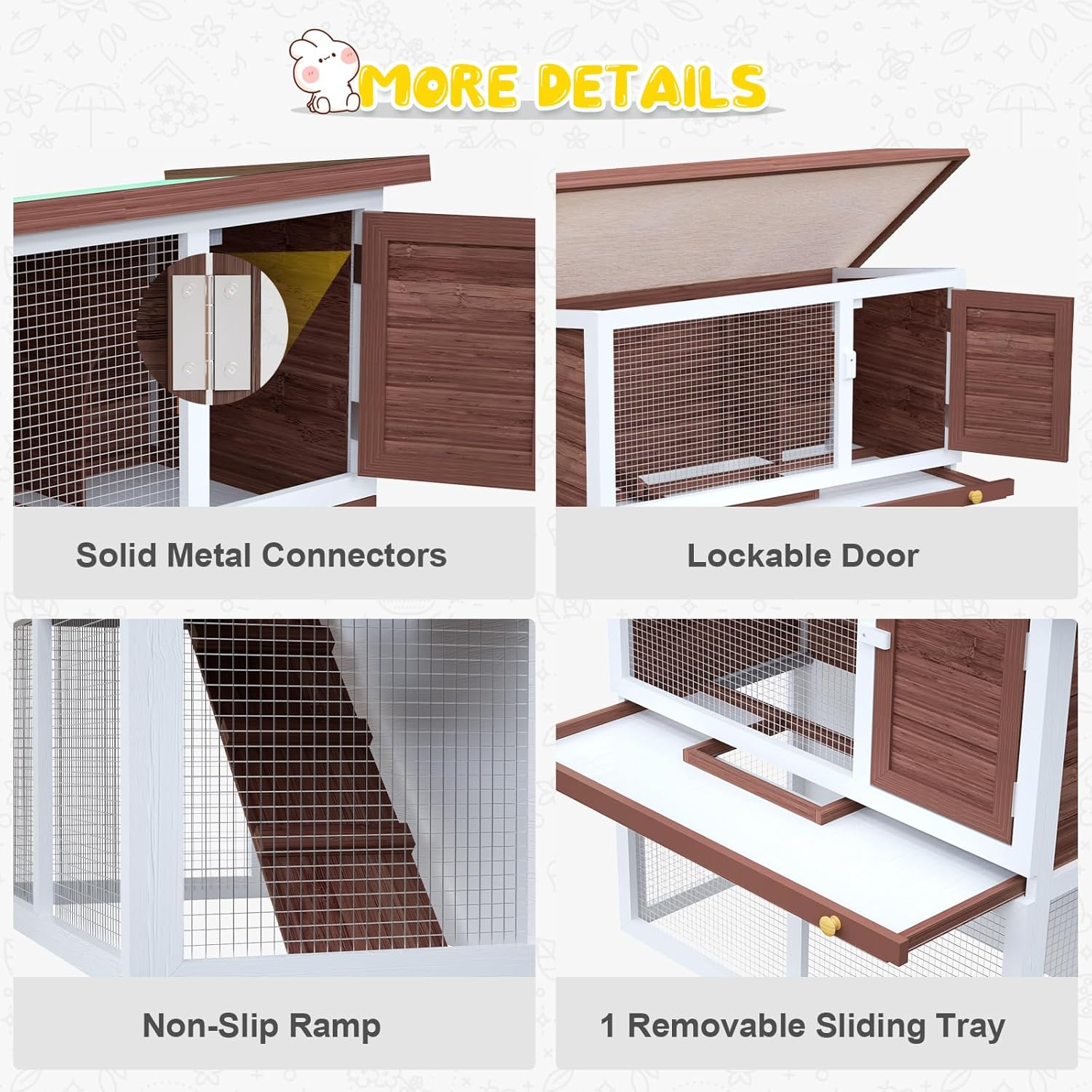 Advwin Rabbit Hutch Bunny Cage, 2 Storey Wooden Chicken Coop Guinea Pig Outdoor Hutch Weatherproof, with Removable Trays for Small Animals, 90L X 45W X 80Hcm - Brown image number 2