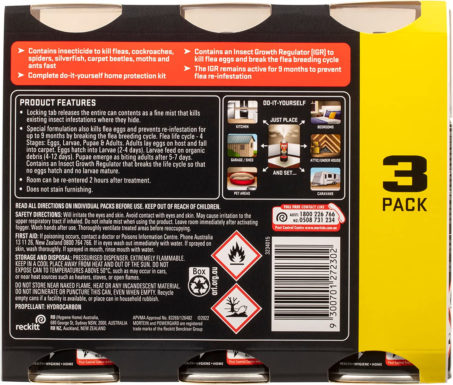 Mortein Power Gard Flea & Crawling Insect Control Bomb Spray 150 G (Pack of 3) image number 3