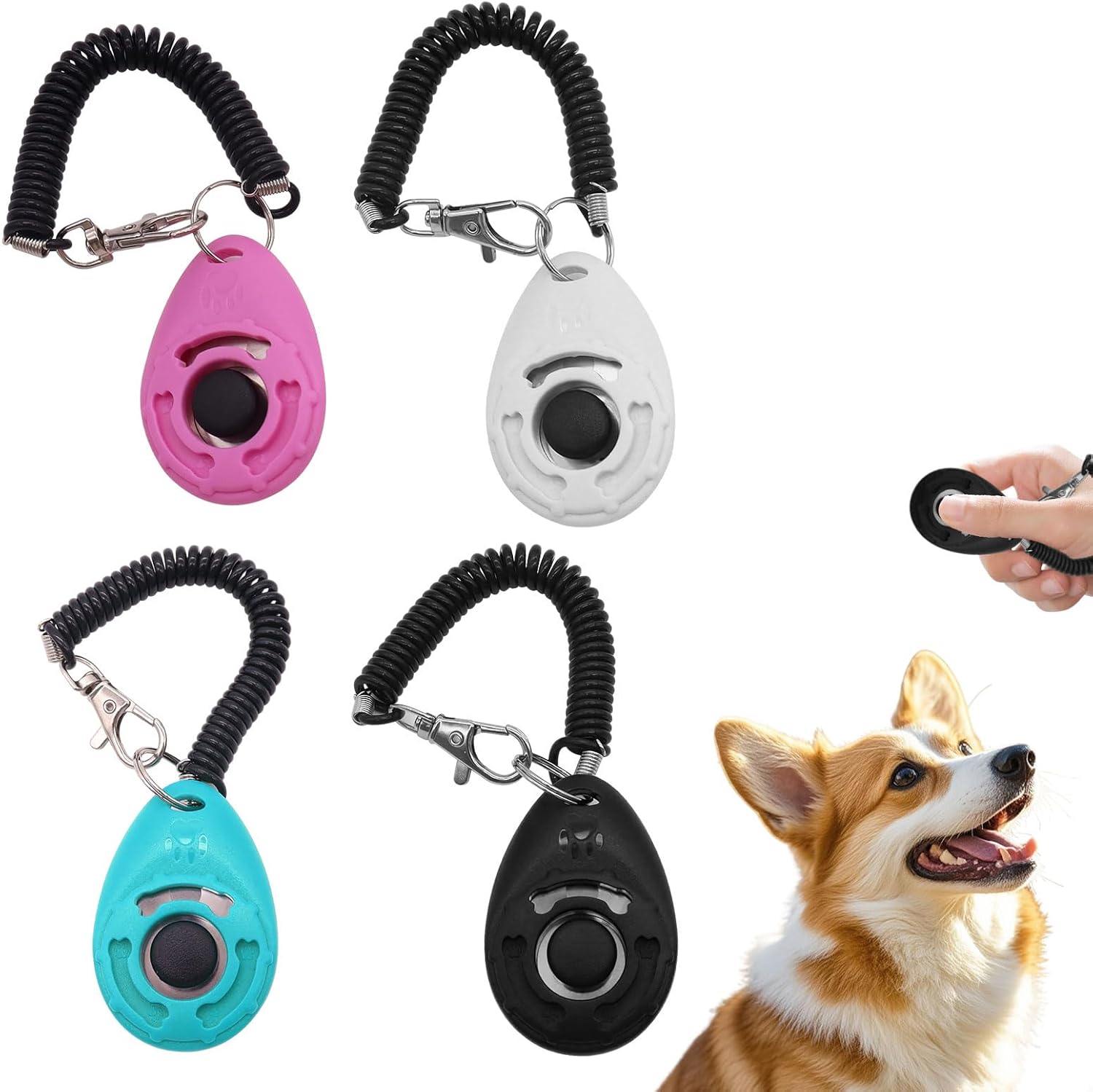 Dog Clicker, 4Pcs Dog Training Clicker, Pet Training Clicker, Pet Behavioral Training Tools with Wrist Strap for Pet like Dog, Cat, Horse, Bird, Dolphin, Puppy (Lake Blue & White & Black & Pink) image number 4