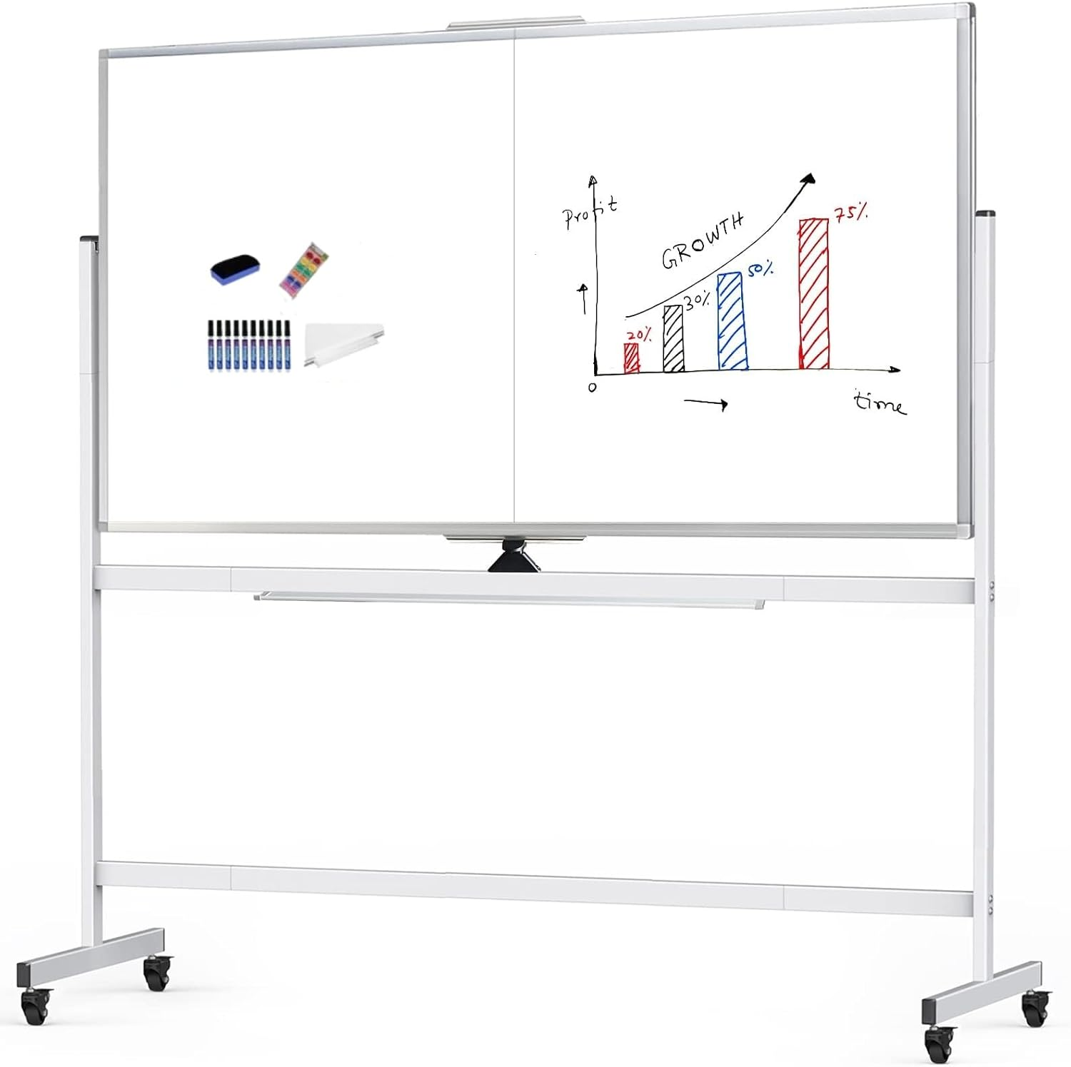Rolling Magnetic Whiteboard, 120 * 90Cm Large Double-Sided White Board Dry Erase on Wheels, Giant Magnetic White Board Standing for Office, School, Home Office, Homeschool image number 3