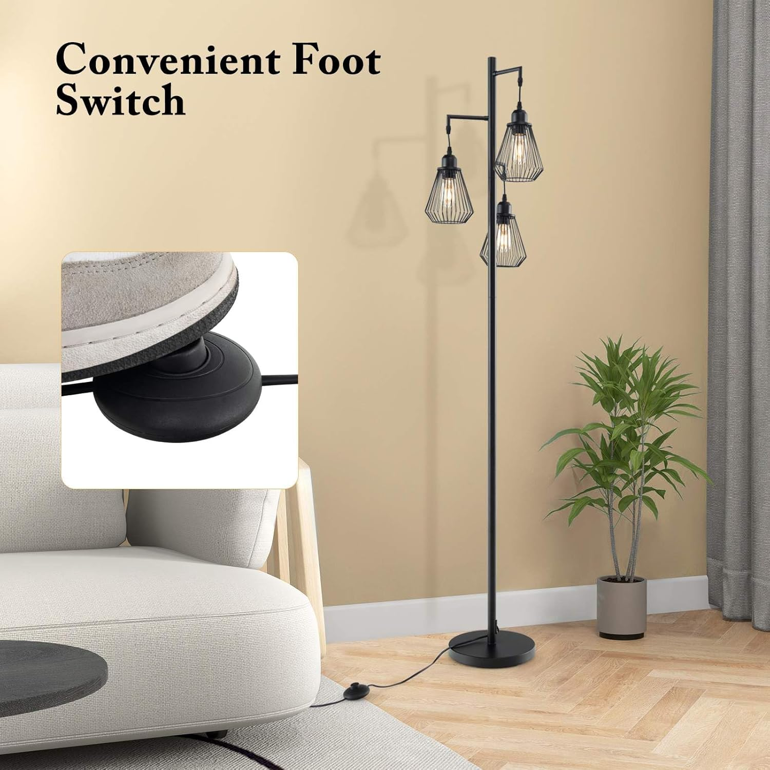 Costway Industrial Tree Floor Farmhouse Tall Standing Lamp W/ 3 Birdcage Lampshades, Foot Switch & Stable Base, Vintage Pole Lamp for Living Room Bedroom Office image number 4