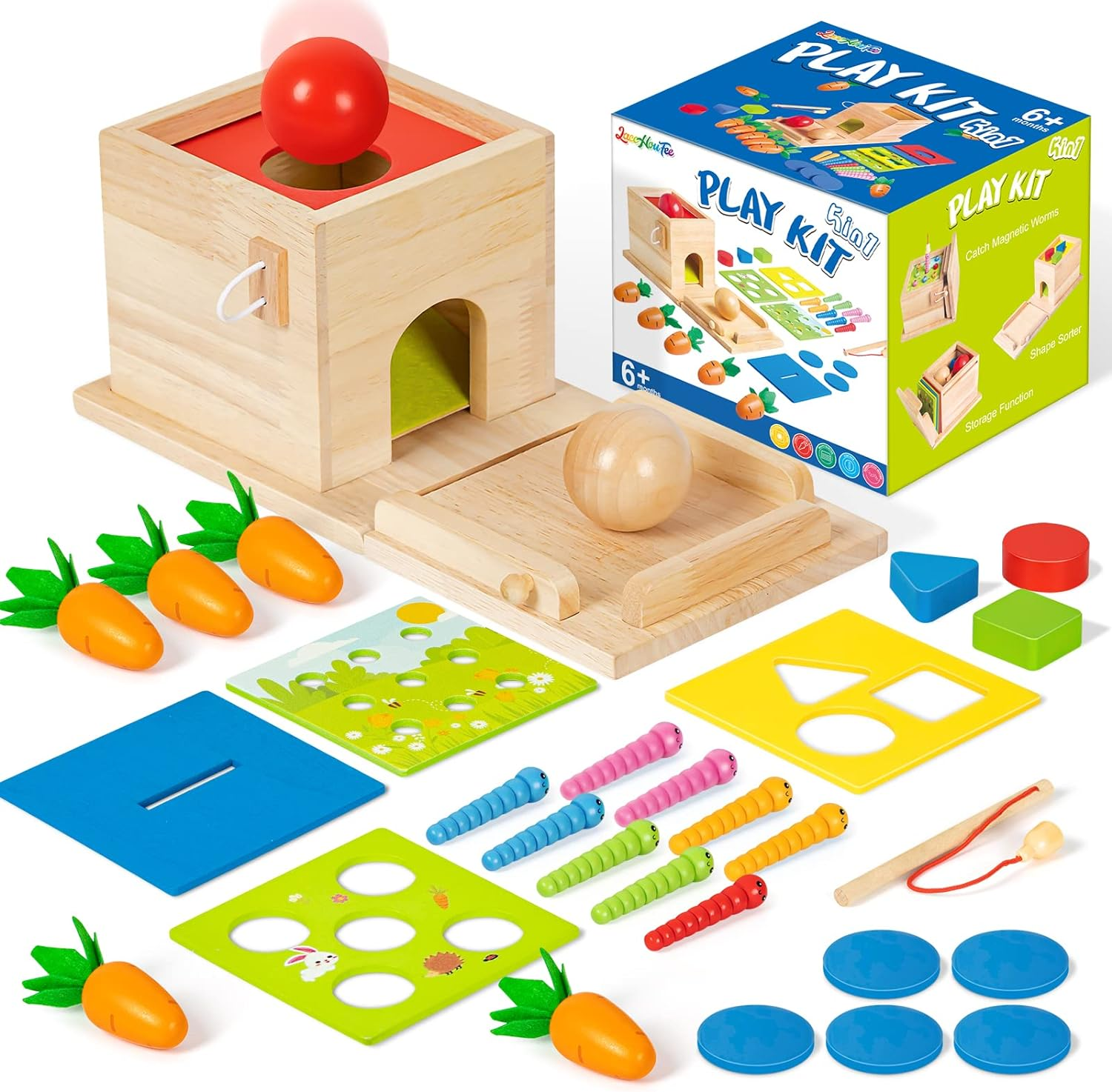 Wooden Montessori Toys for 1 Year Old, 5-In-1, Object Permanence Box, Coin Box, Carrot, Catch Worm, Shape Sorter, Learning Toy for Toddler Aged 1, 2, 3 Year Old Boys Girls image number 5