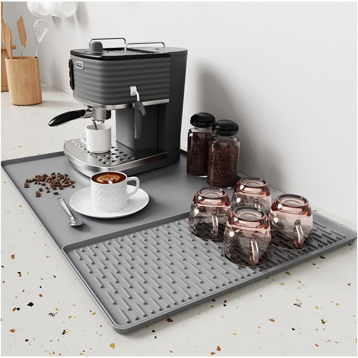 Silicone Coffee Mat, 24'' X 16'' Coffee Accessories,Coffee Bar Mat with Detachable Dish Drying Mat for Kitchen Countertops,Fit for Coffee Maker Machine, Coffee Pot ,Espresso Machine ,Gray image number 2